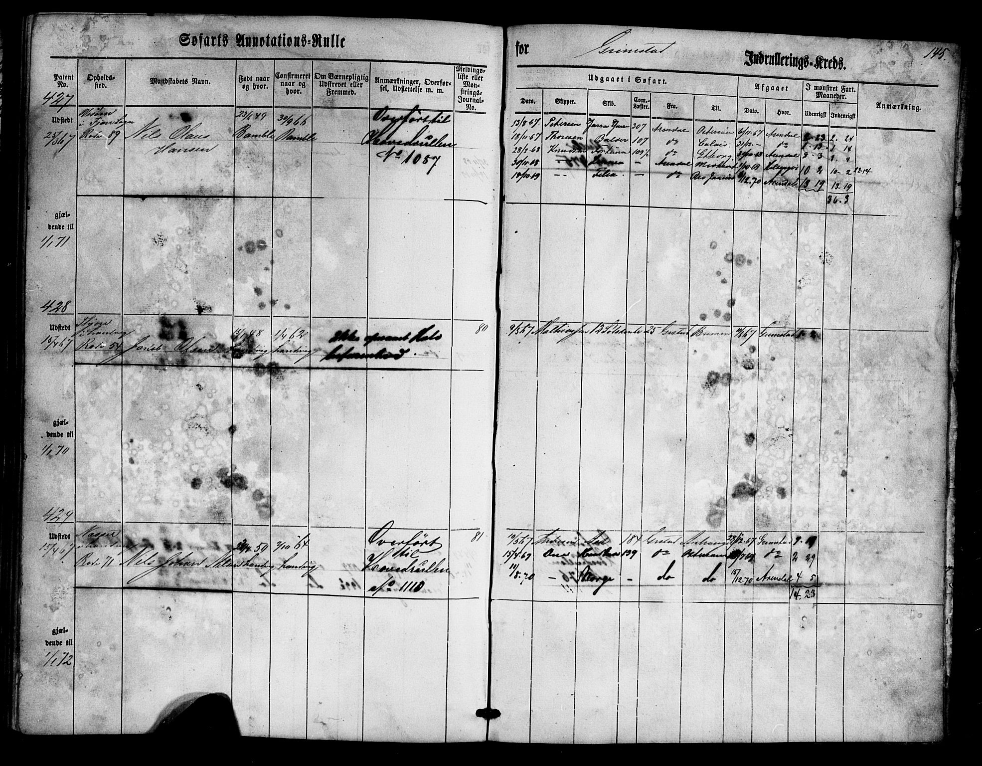 Grimstad mønstringskrets, SAK/2031-0013/F/Fa/L0004: Annotasjonsrulle nr 1-435 med register, V-17, 1860-1867, p. 170