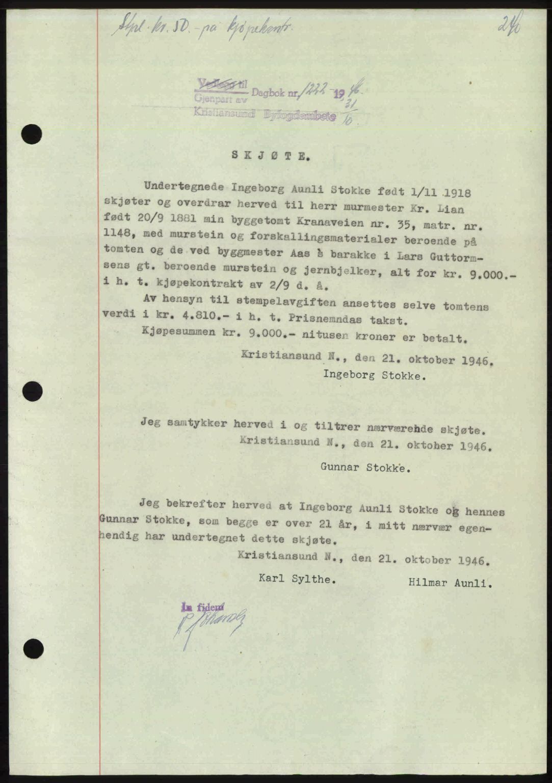 Kristiansund byfogd, AV/SAT-A-4587/A/27: Mortgage book no. 39b, 1946-1947, Diary no: : 1222/1946