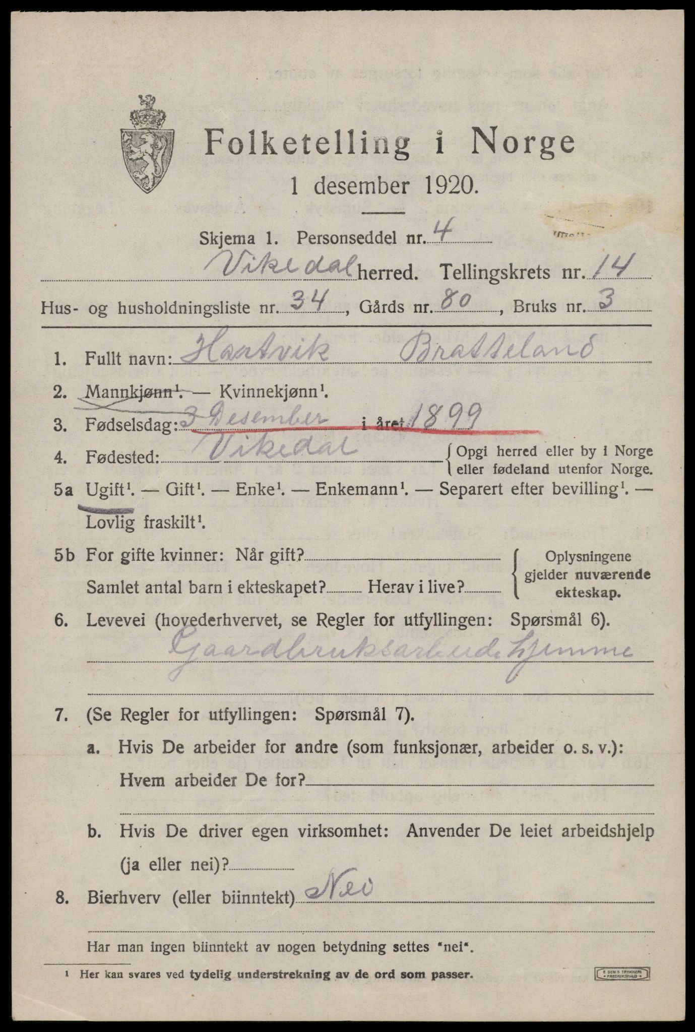 SAST, 1920 census for Vikedal, 1920, p. 4547