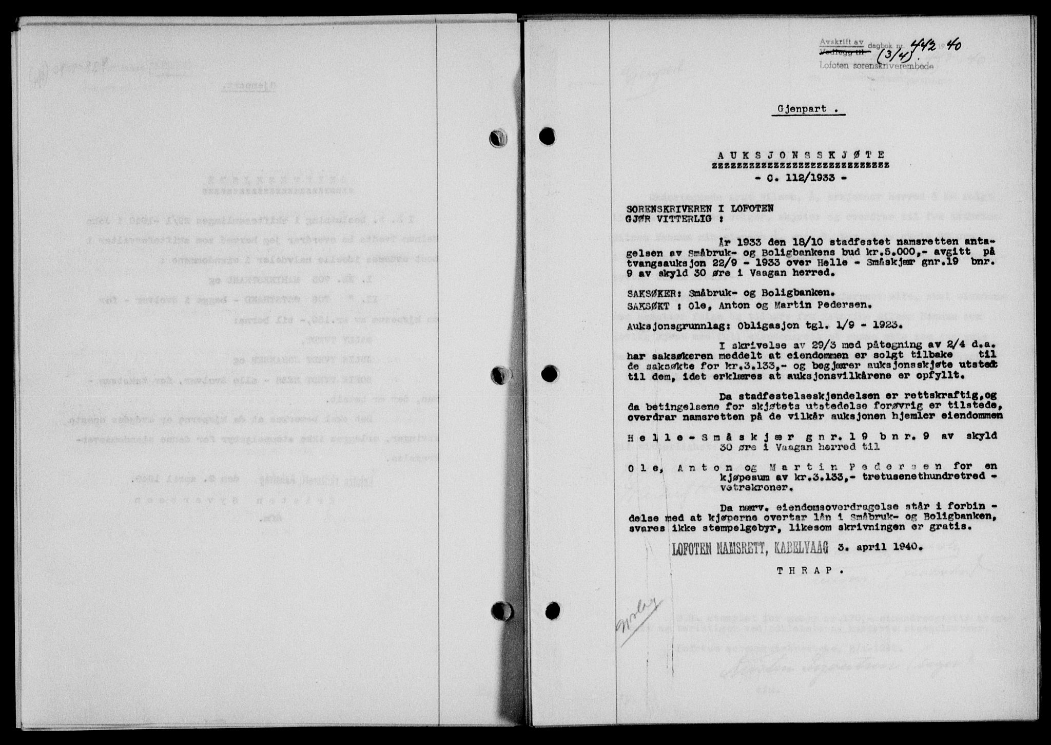 Lofoten sorenskriveri, SAT/A-0017/1/2/2C/L0007a: Mortgage book no. 7a, 1939-1940, Diary no: : 442/1940