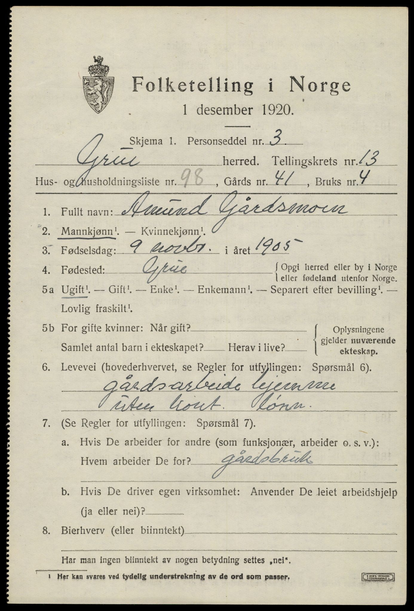 SAH, 1920 census for Grue, 1920, p. 12891