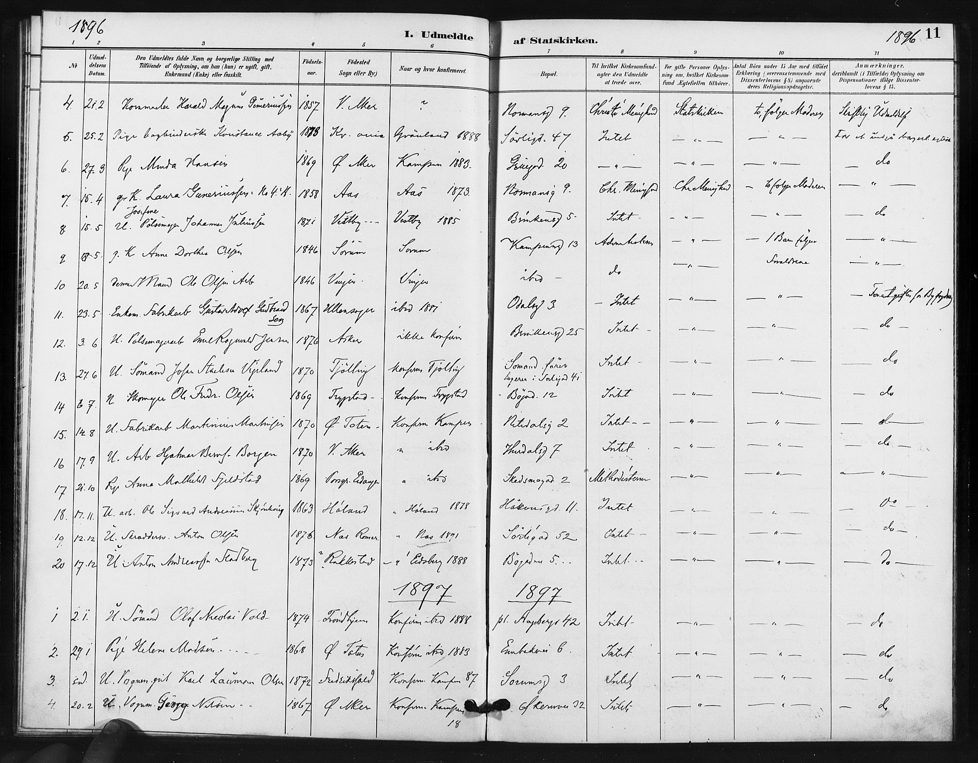 Kampen prestekontor Kirkebøker, AV/SAO-A-10853/F/Fb/L0002: Parish register (official) no. II 2, 1890-1911, p. 11