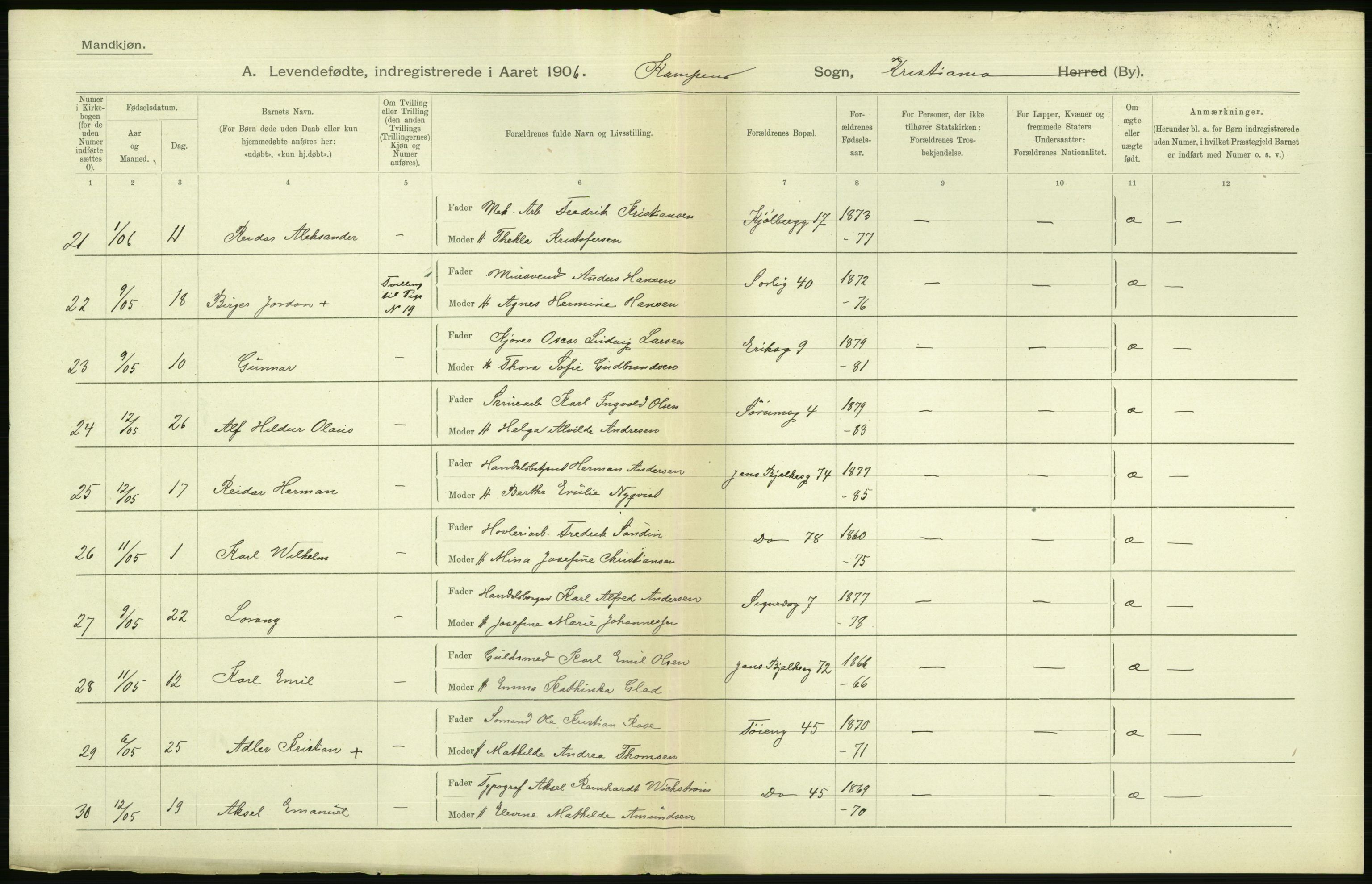 Statistisk sentralbyrå, Sosiodemografiske emner, Befolkning, AV/RA-S-2228/D/Df/Dfa/Dfad/L0007: Kristiania: Levendefødte menn og kvinner., 1906, p. 698