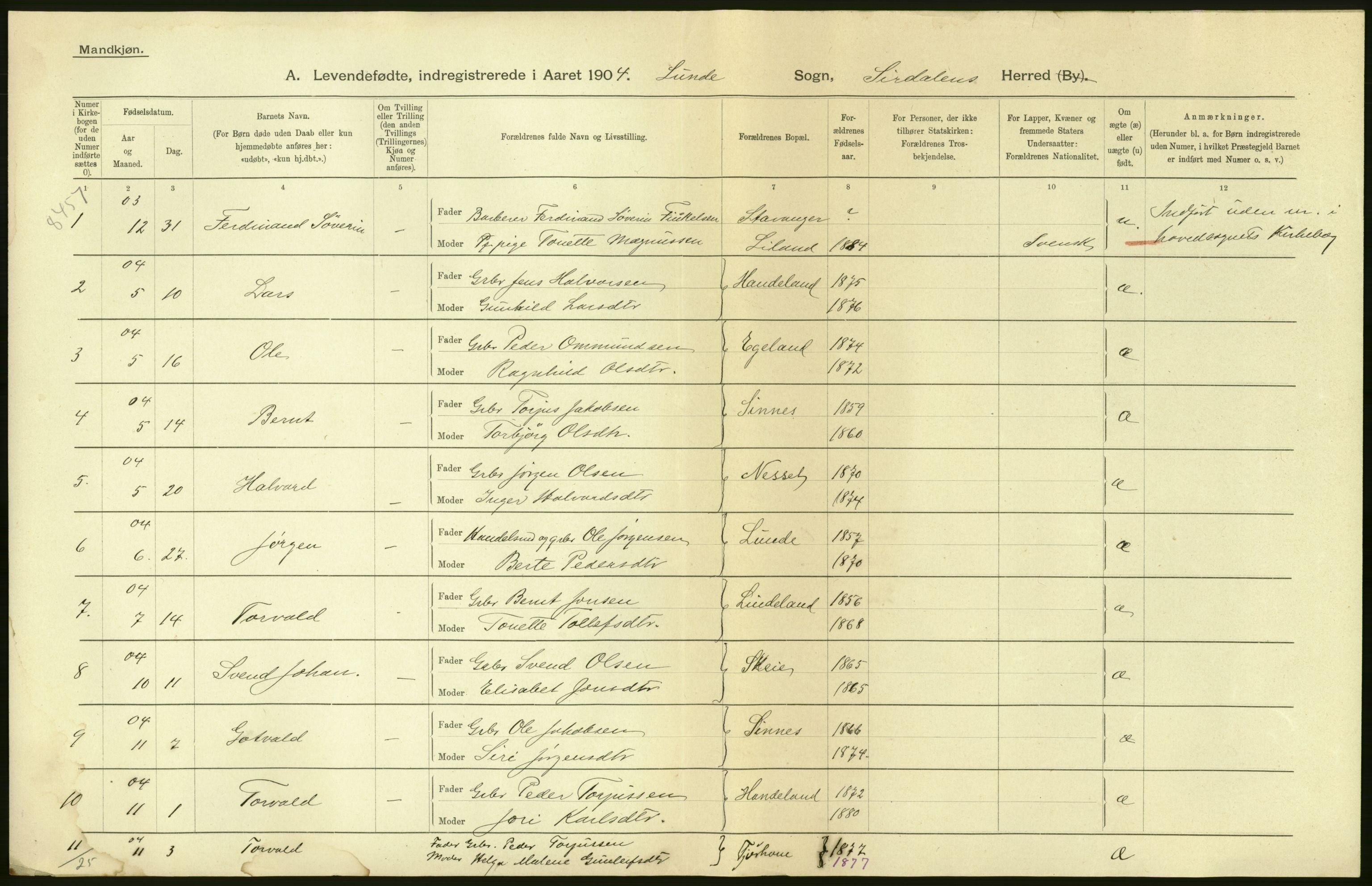 Statistisk sentralbyrå, Sosiodemografiske emner, Befolkning, AV/RA-S-2228/D/Df/Dfa/Dfab/L0011: Lister og Mandals amt: Fødte, gifte, døde, 1904, p. 6