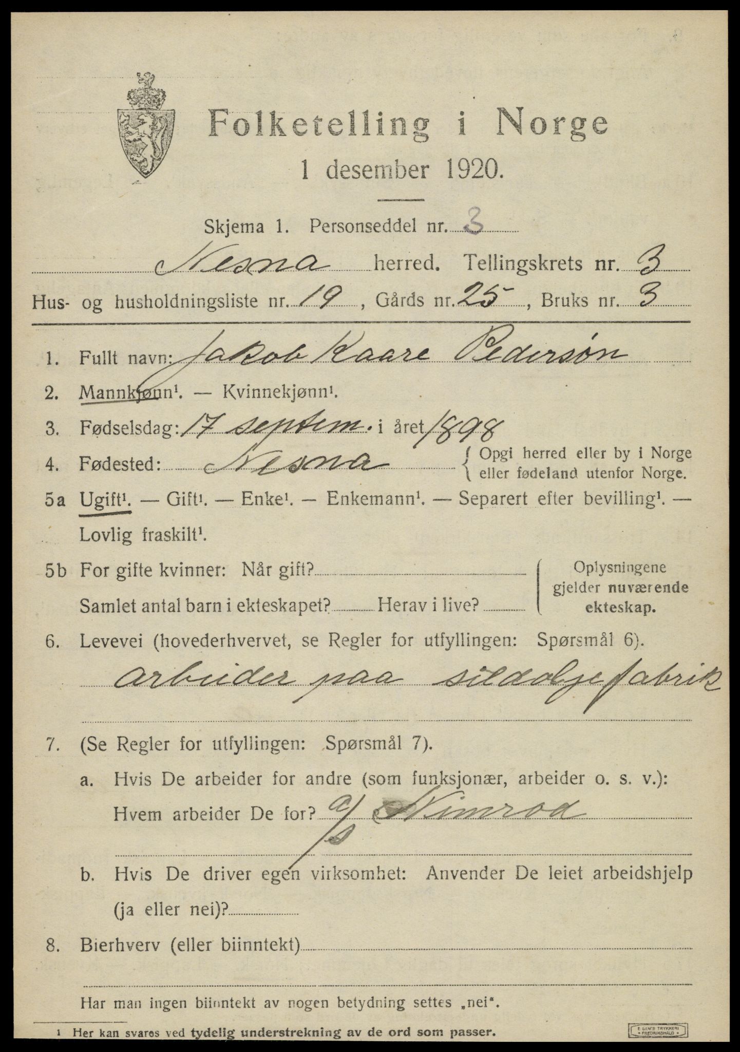 SAT, 1920 census for Nesna, 1920, p. 2803