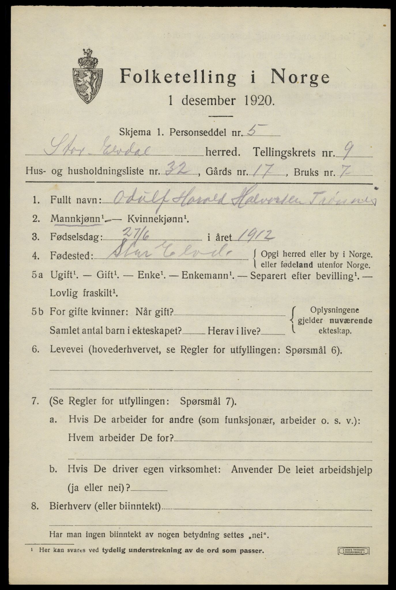 SAH, 1920 census for Stor-Elvdal, 1920, p. 8852