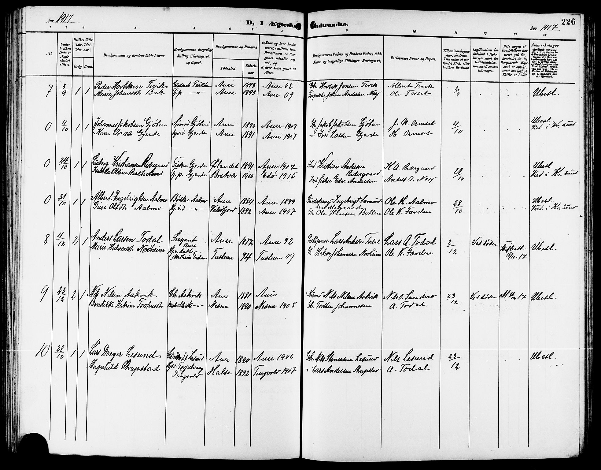 Ministerialprotokoller, klokkerbøker og fødselsregistre - Møre og Romsdal, AV/SAT-A-1454/578/L0910: Parish register (copy) no. 578C03, 1900-1921, p. 226