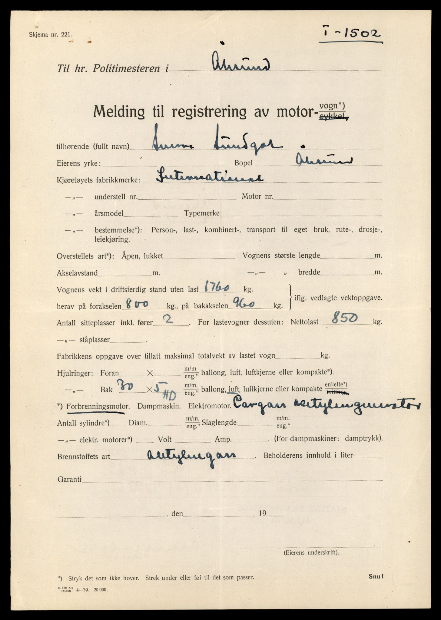 Møre og Romsdal vegkontor - Ålesund trafikkstasjon, SAT/A-4099/F/Fe/L0013: Registreringskort for kjøretøy T 1451 - T 1564, 1927-1998, p. 1009