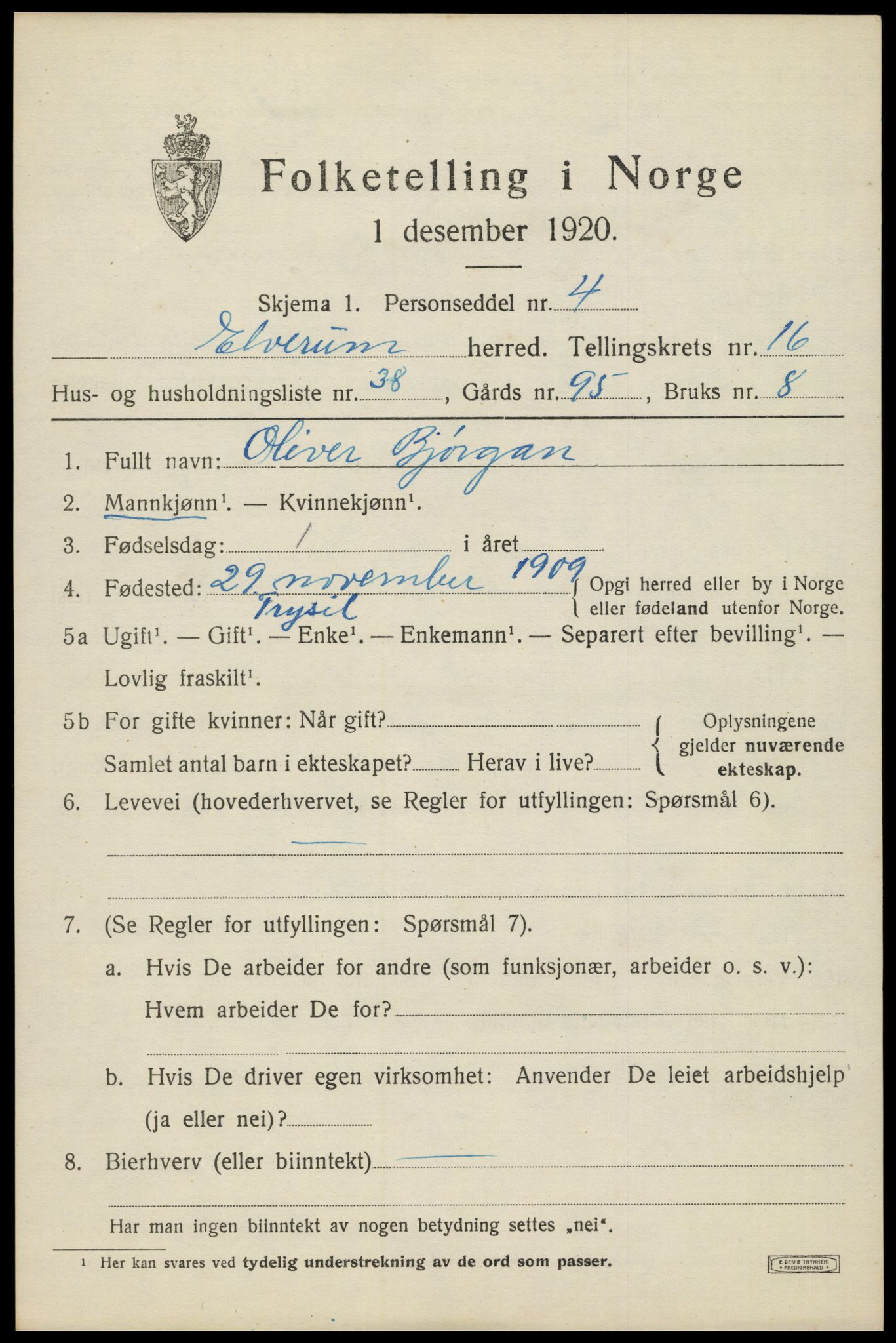 SAH, 1920 census for Elverum, 1920, p. 21216