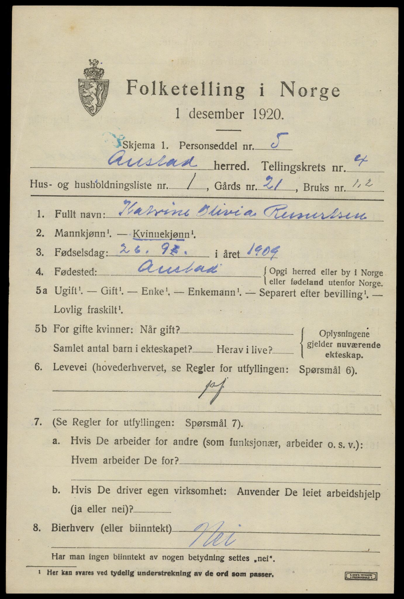 SAK, 1920 census for Austad, 1920, p. 1413