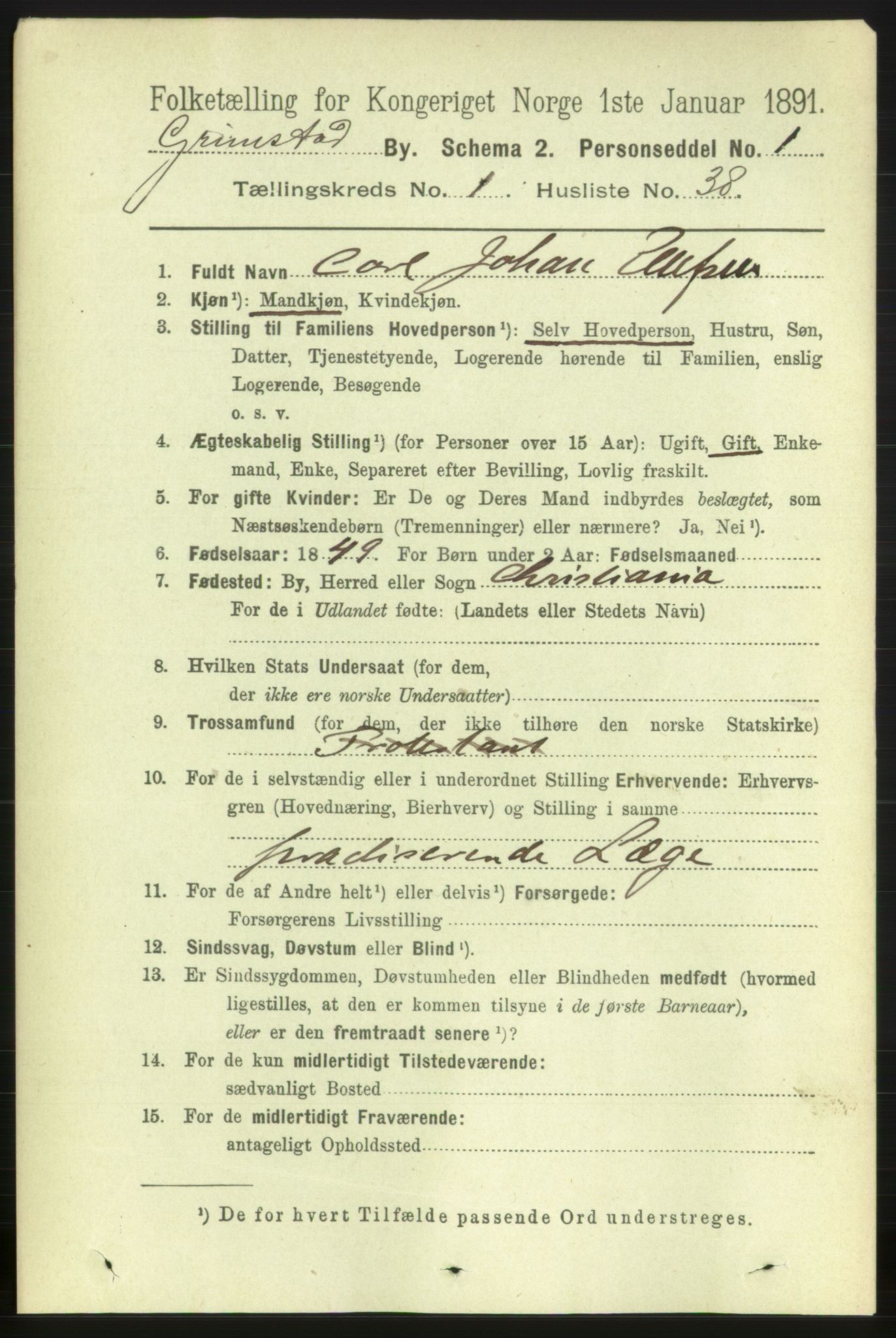 RA, 1891 census for 0904 Grimstad, 1891, p. 1232