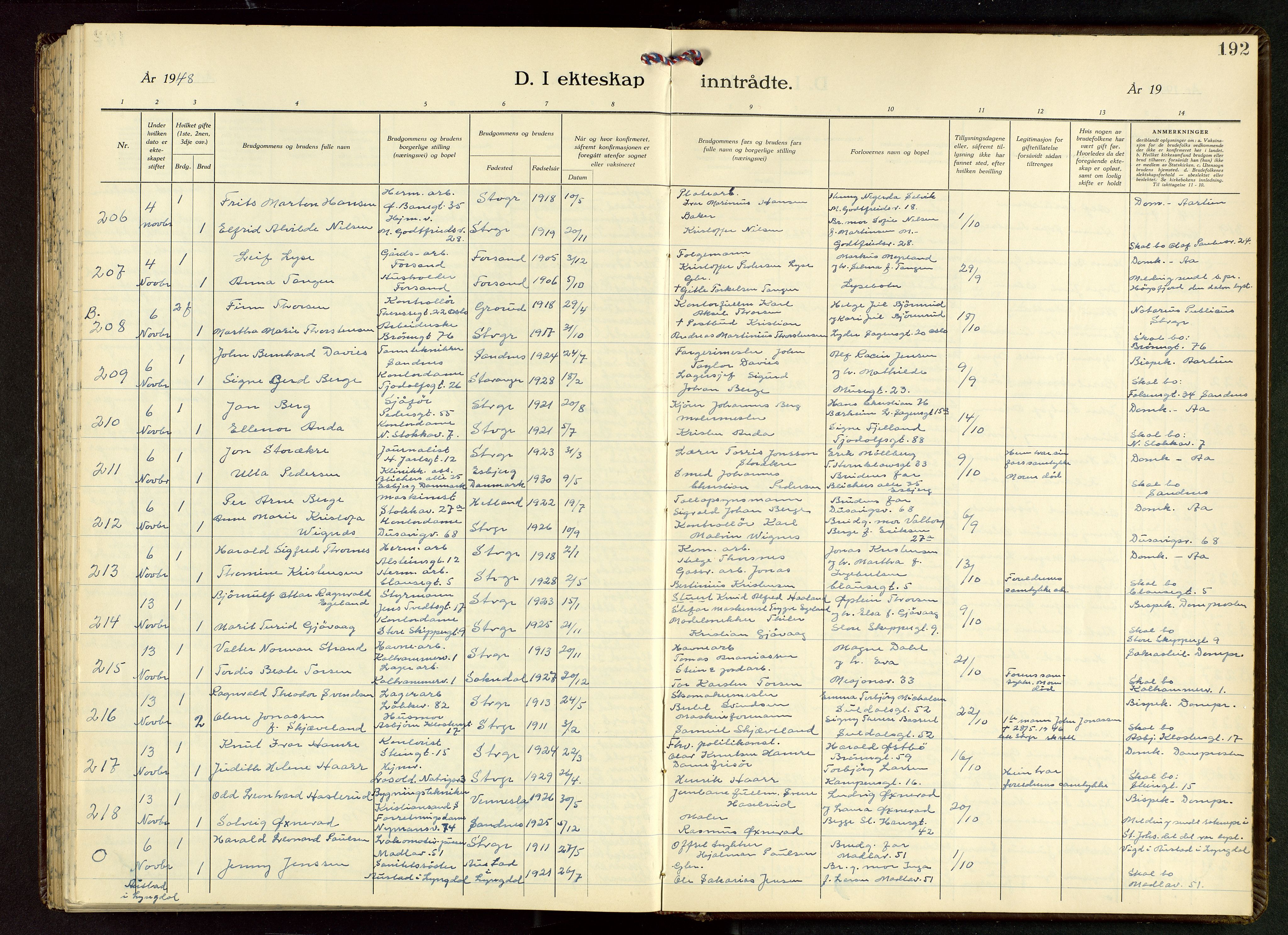 Domkirken sokneprestkontor, AV/SAST-A-101812/001/30/30BB/L0022: Parish register (copy) no. B 22, 1937-1949, p. 192