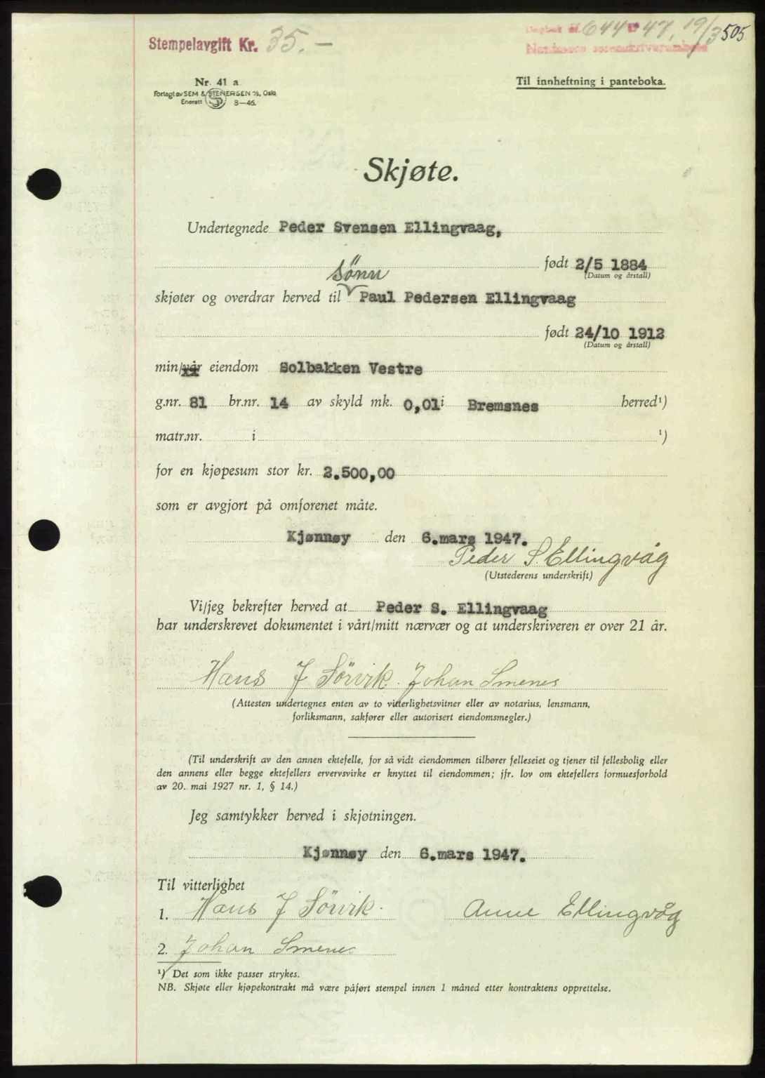 Nordmøre sorenskriveri, AV/SAT-A-4132/1/2/2Ca: Mortgage book no. A104, 1947-1947, Diary no: : 644/1947