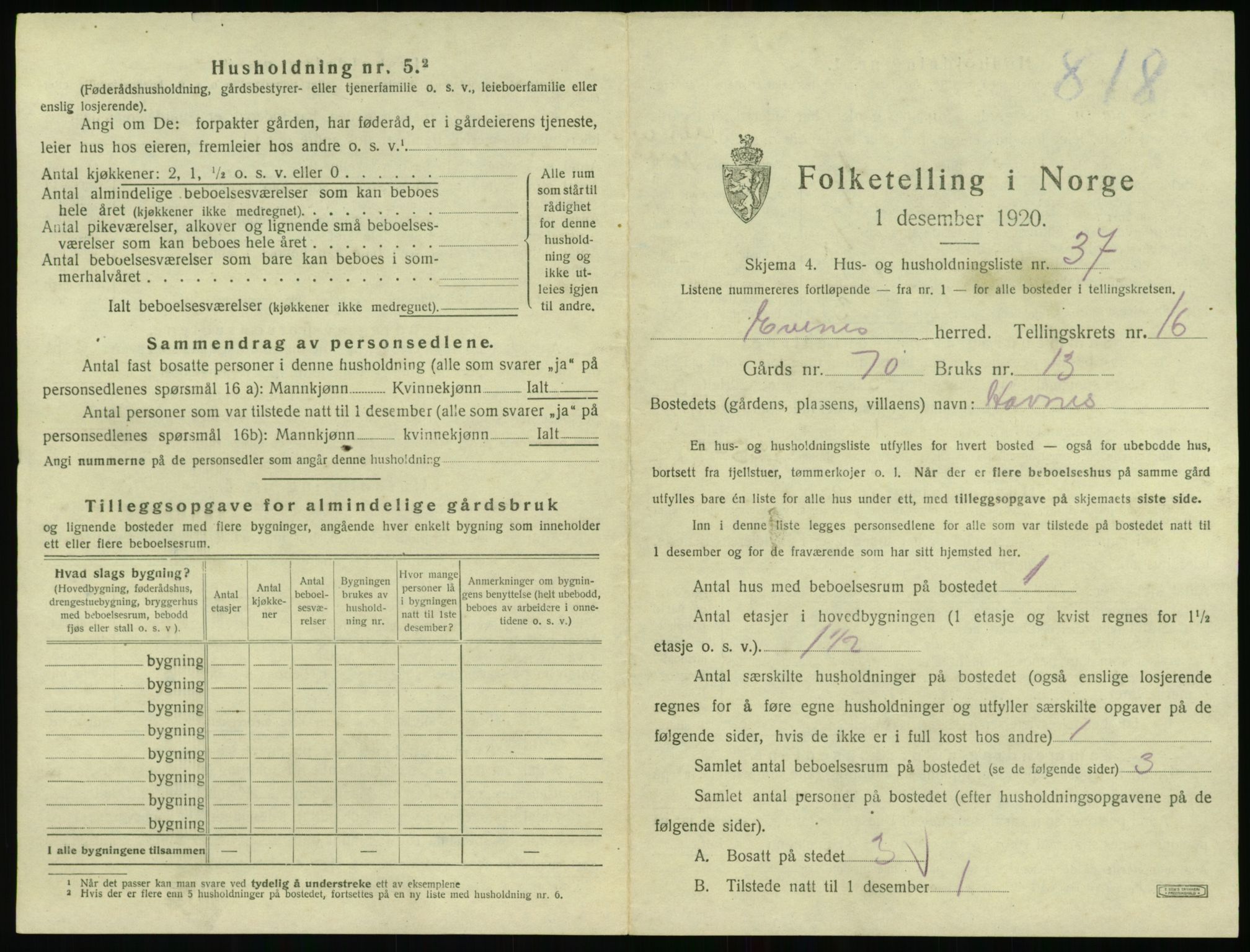 SAT, 1920 census for Evenes, 1920, p. 1730