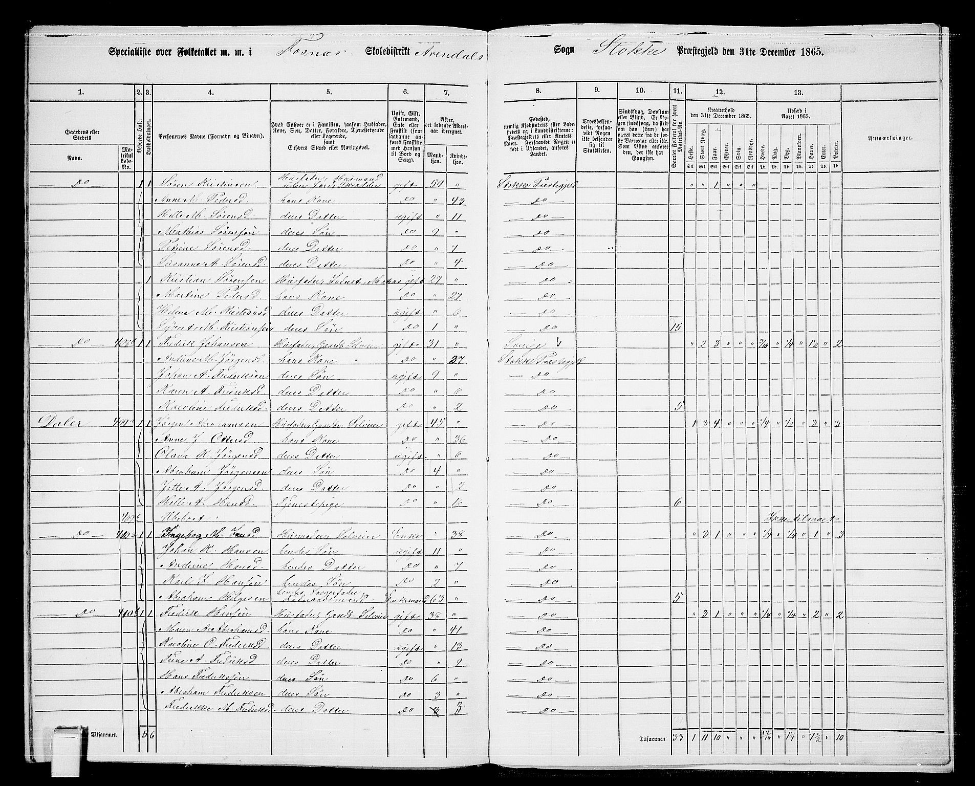 RA, 1865 census for Stokke, 1865, p. 198