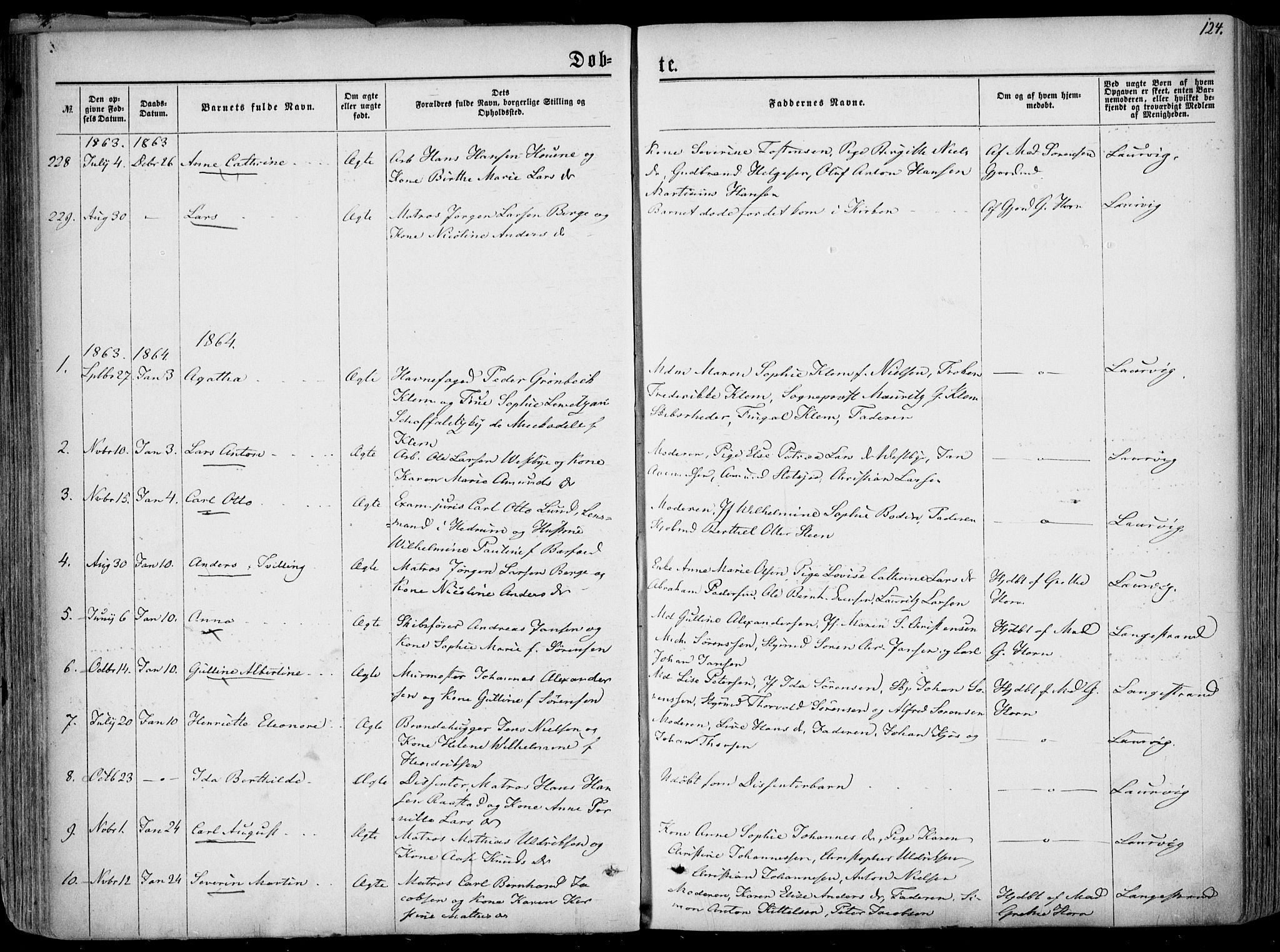 Larvik kirkebøker, SAKO/A-352/F/Fa/L0004: Parish register (official) no. I 4, 1856-1870, p. 124