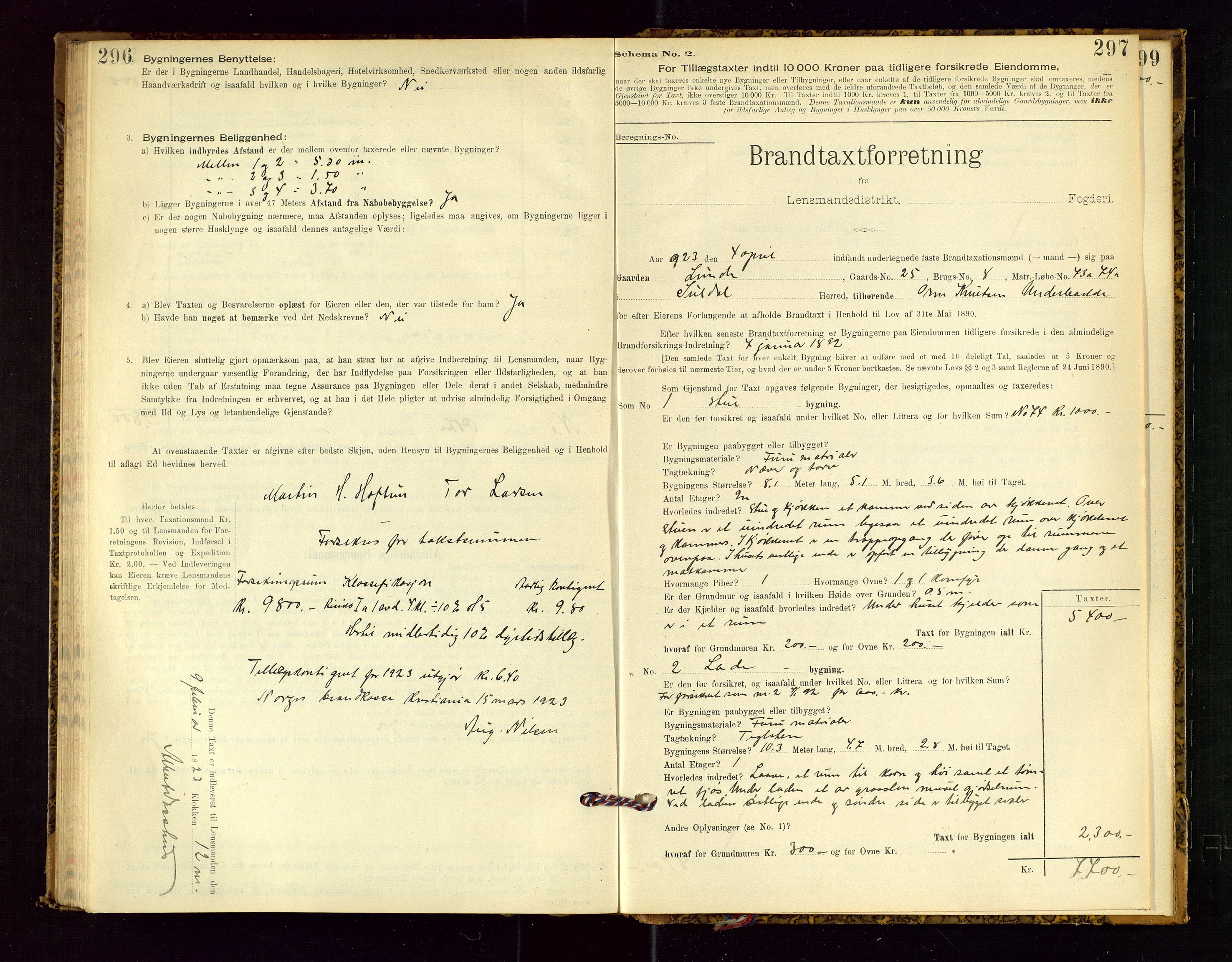 Suldal lensmannskontor, SAST/A-100419/Gob/L0001: "Brandtaxationsprotokol", 1894-1923, p. 296-297