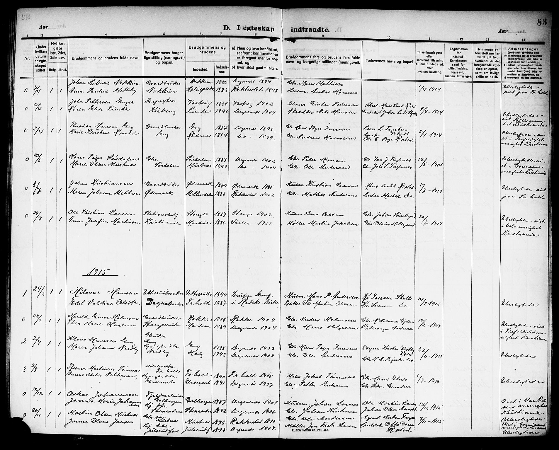 Rakkestad prestekontor Kirkebøker, AV/SAO-A-2008/G/Gb/L0002: Parish register (copy) no. II 2, 1909-1920, p. 83