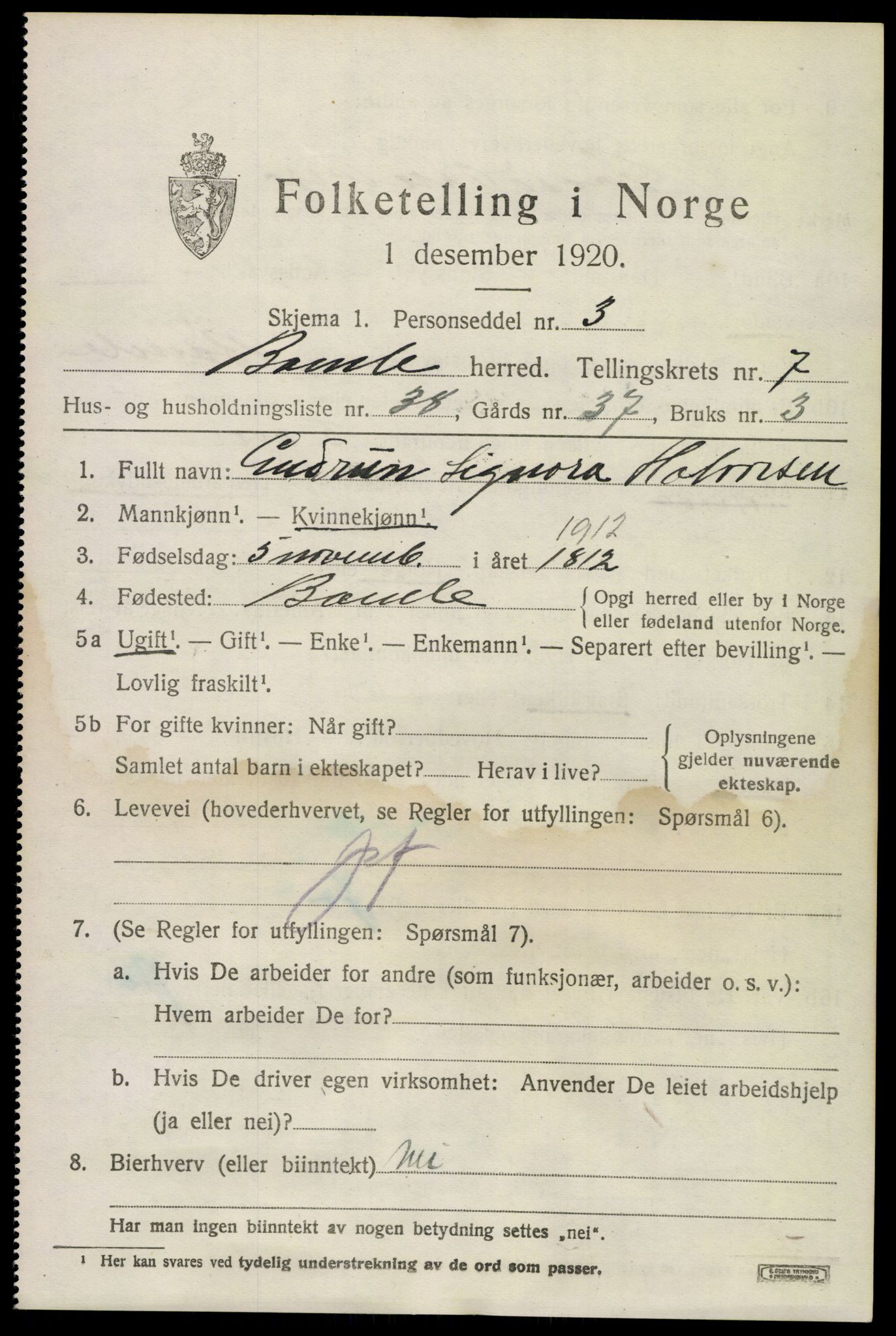 SAKO, 1920 census for Bamble, 1920, p. 7363