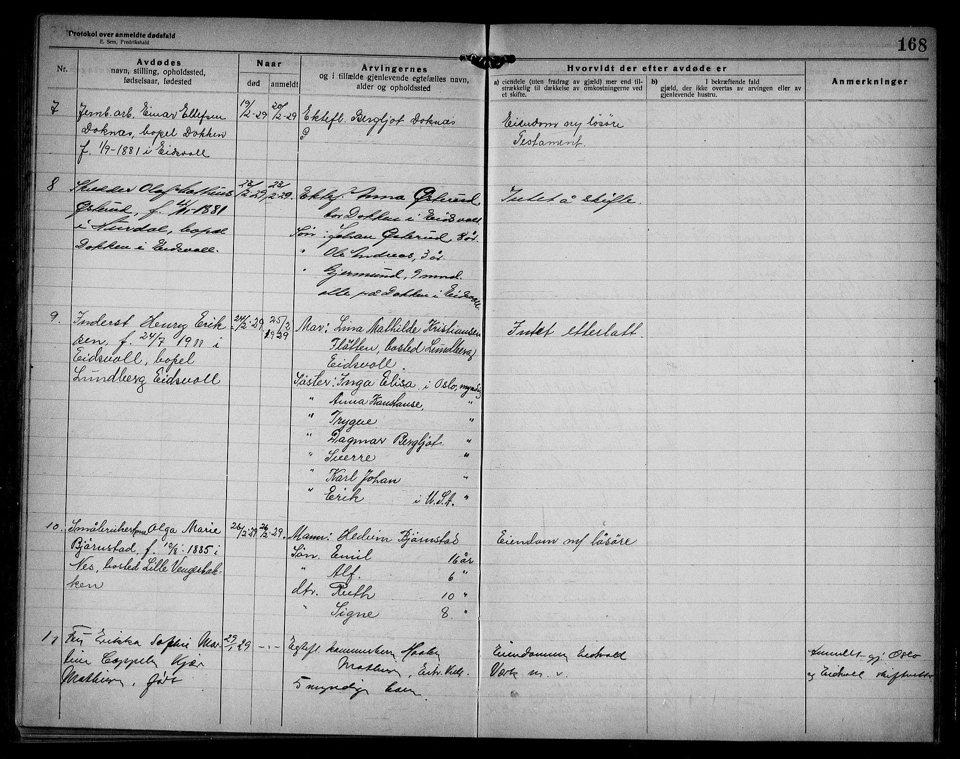 Eidsvoll lensmannskontor, AV/SAO-A-10266a/H/Ha/Haa/L0005: Dødsfallprotokoll, 1921-1930, p. 168