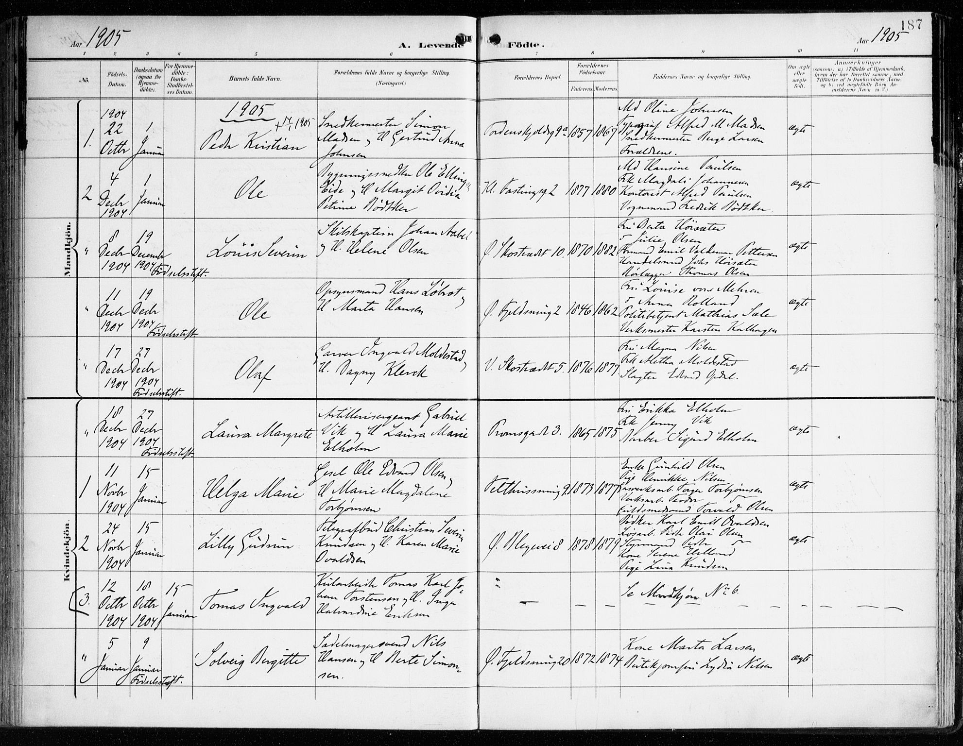 Korskirken sokneprestembete, AV/SAB-A-76101/H/Haa/L0023: Parish register (official) no. B 9, 1899-1908, p. 187
