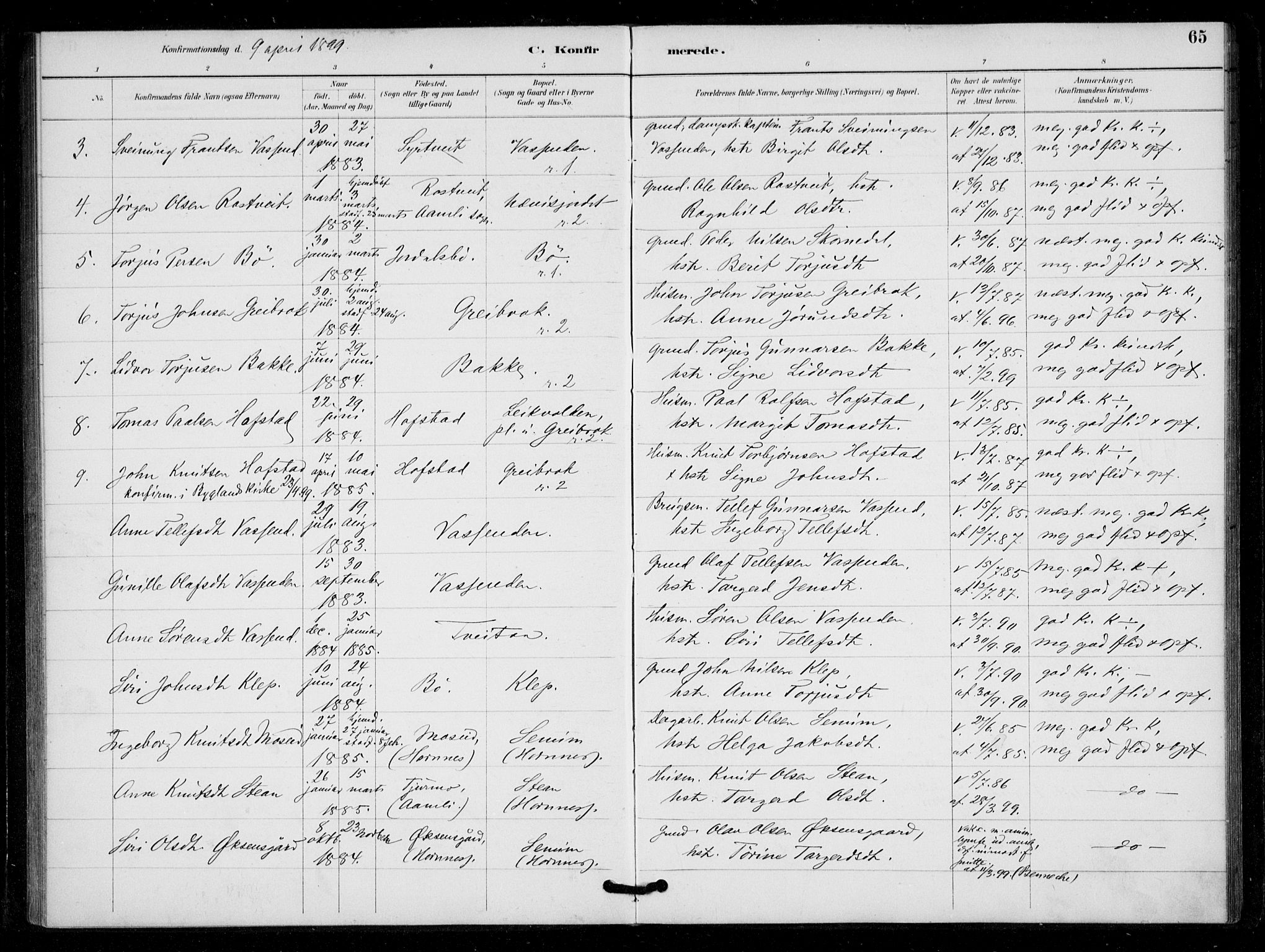 Bygland sokneprestkontor, SAK/1111-0006/F/Fa/Fad/L0001: Parish register (official) no. A 1, 1885-1906, p. 65