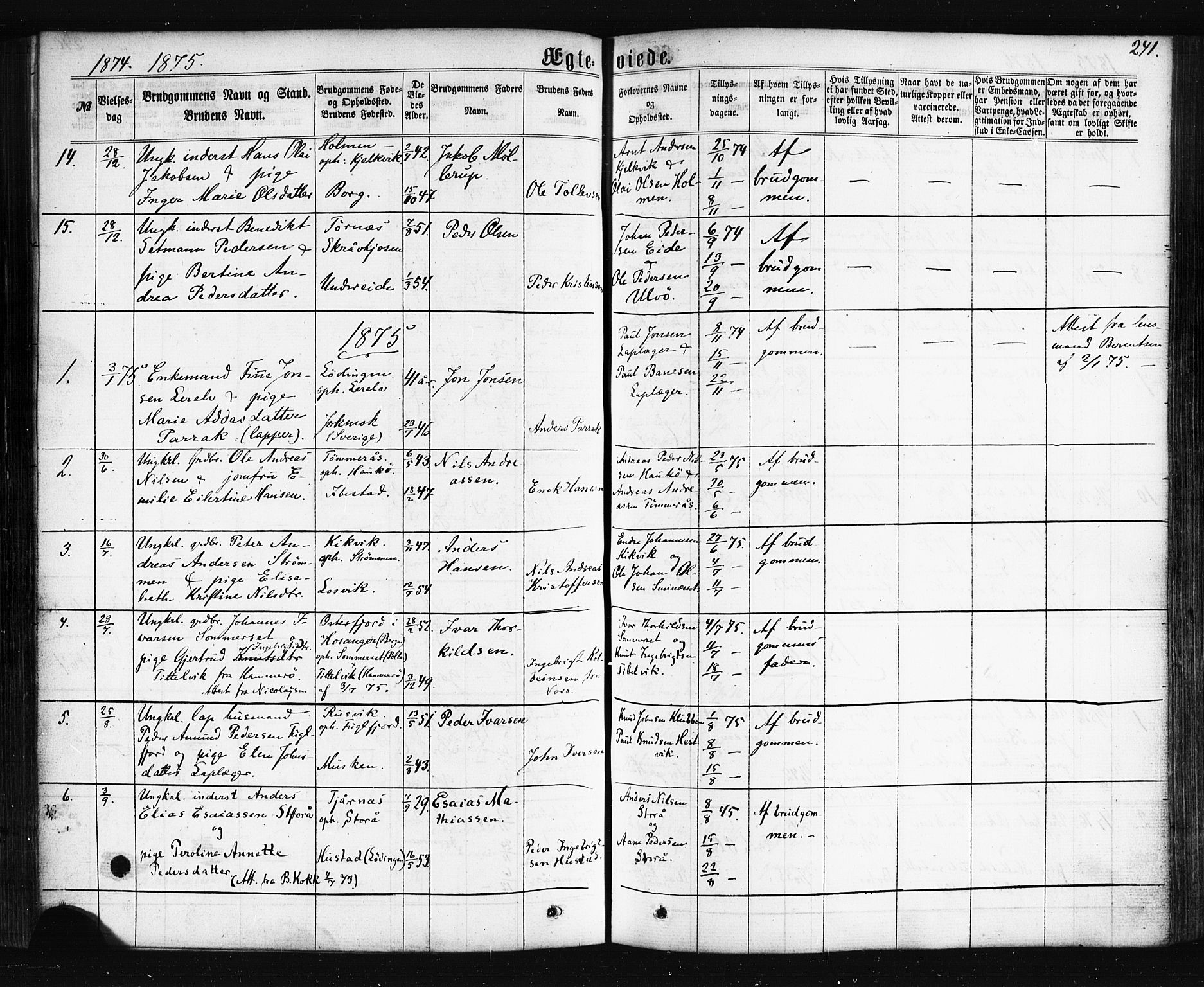 Ministerialprotokoller, klokkerbøker og fødselsregistre - Nordland, AV/SAT-A-1459/861/L0867: Parish register (official) no. 861A02, 1864-1878, p. 241