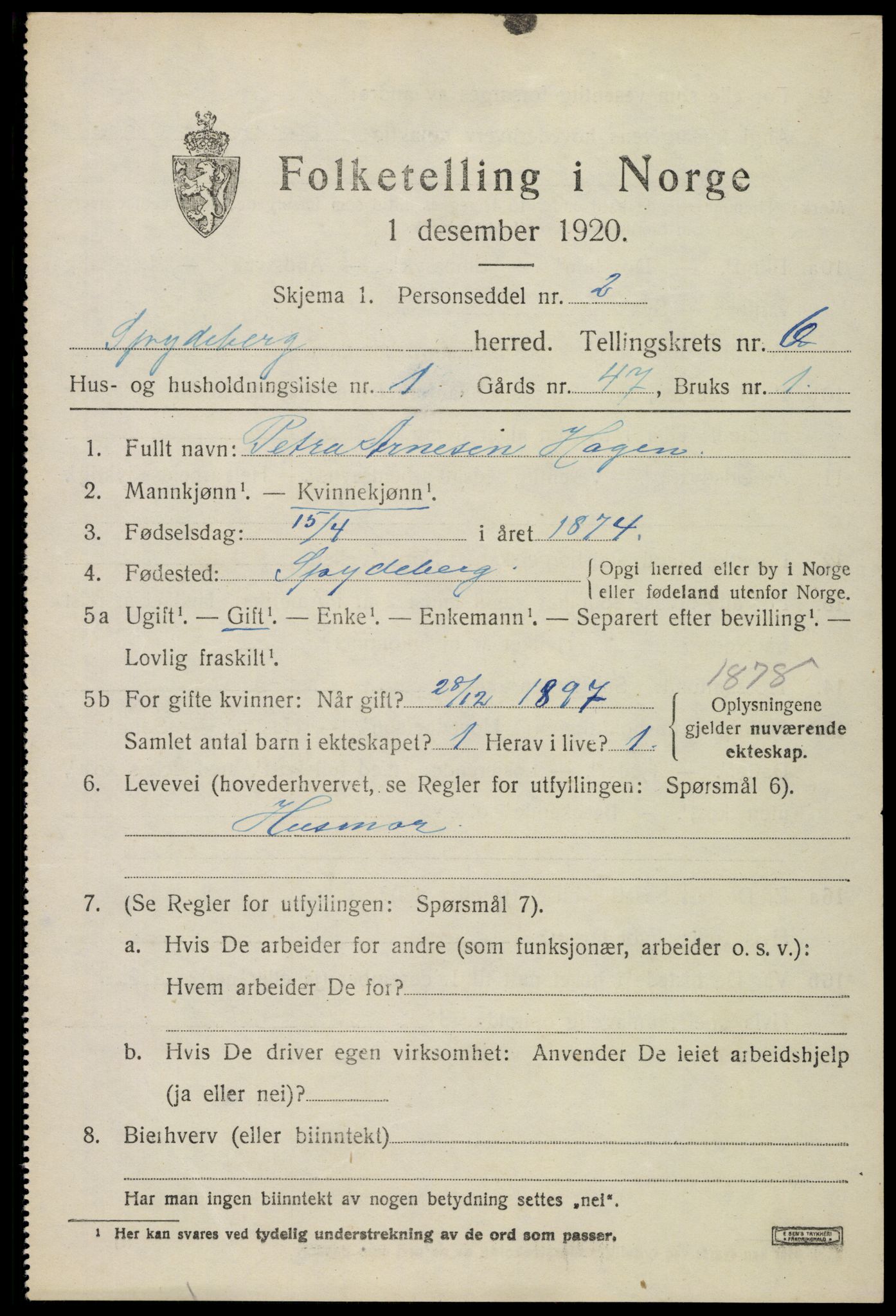 SAO, 1920 census for Spydeberg, 1920, p. 6987