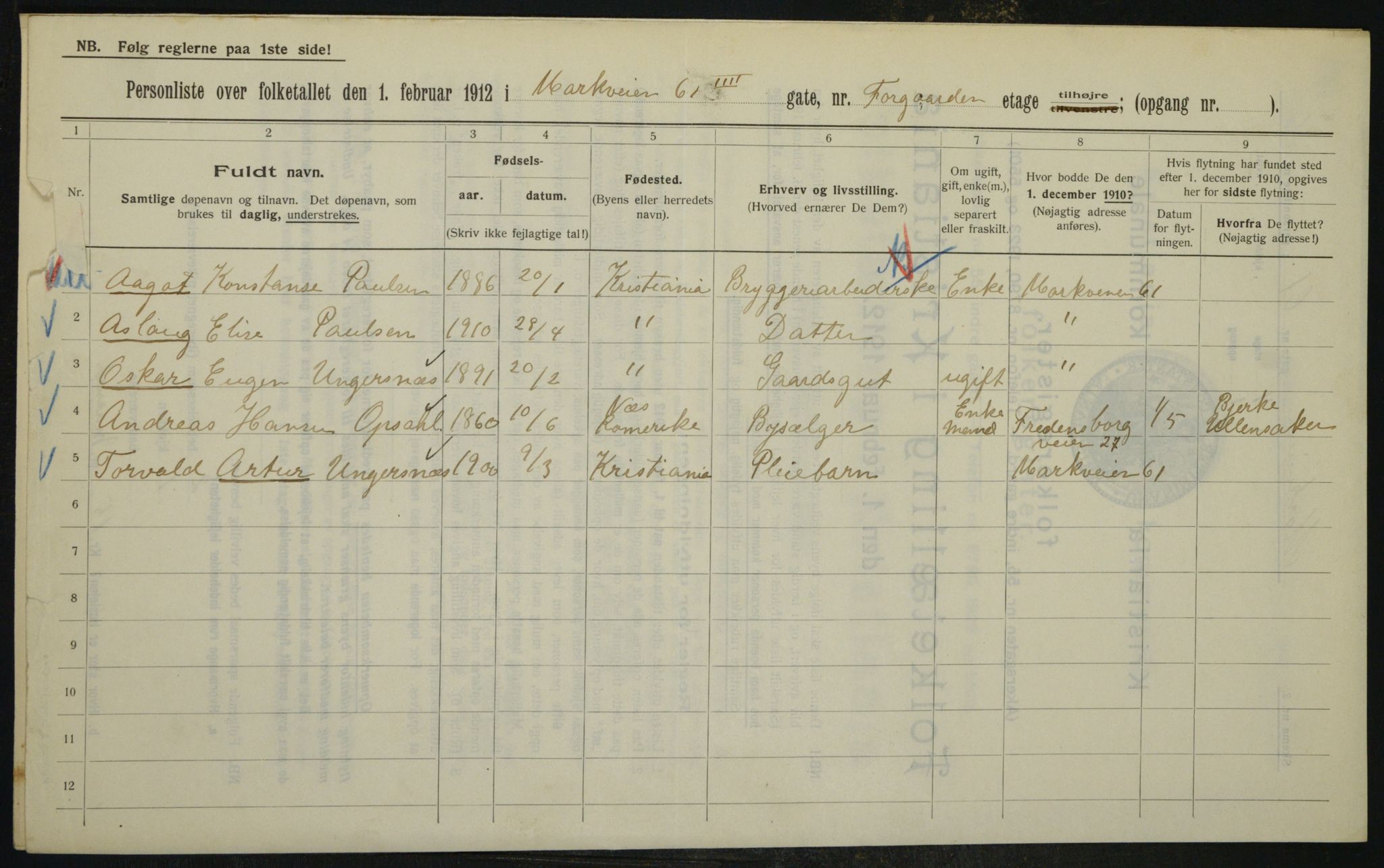 OBA, Municipal Census 1912 for Kristiania, 1912, p. 64854