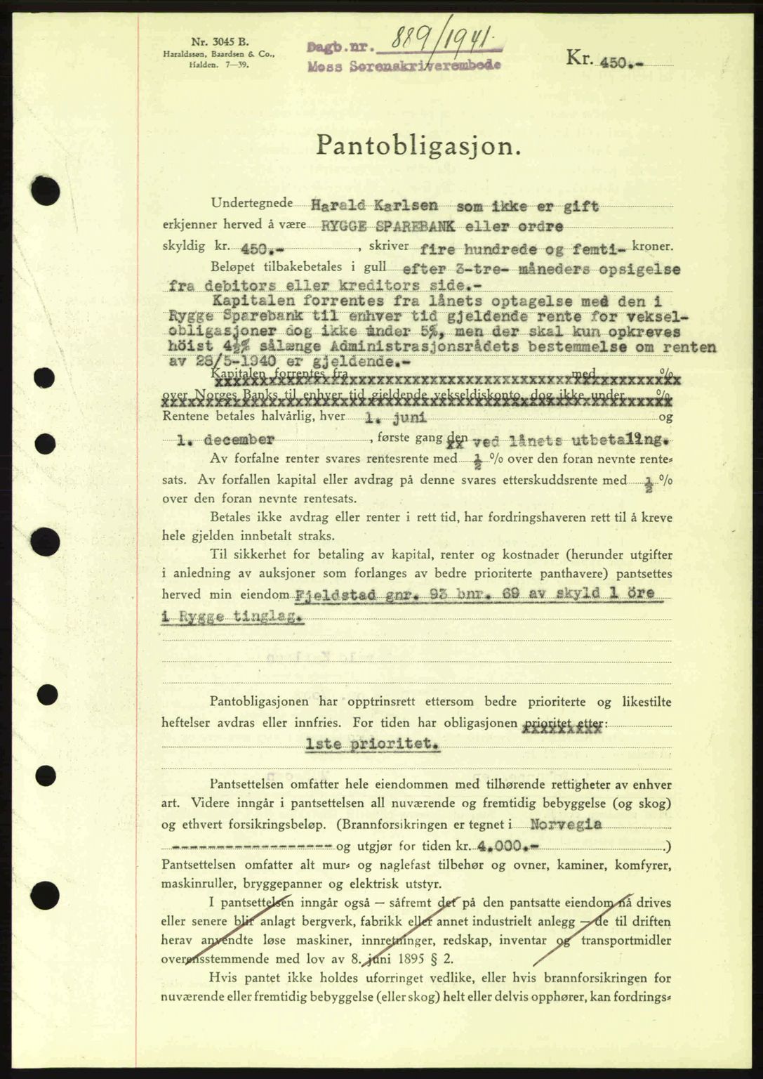 Moss sorenskriveri, SAO/A-10168: Mortgage book no. B10, 1940-1941, Diary no: : 889/1941