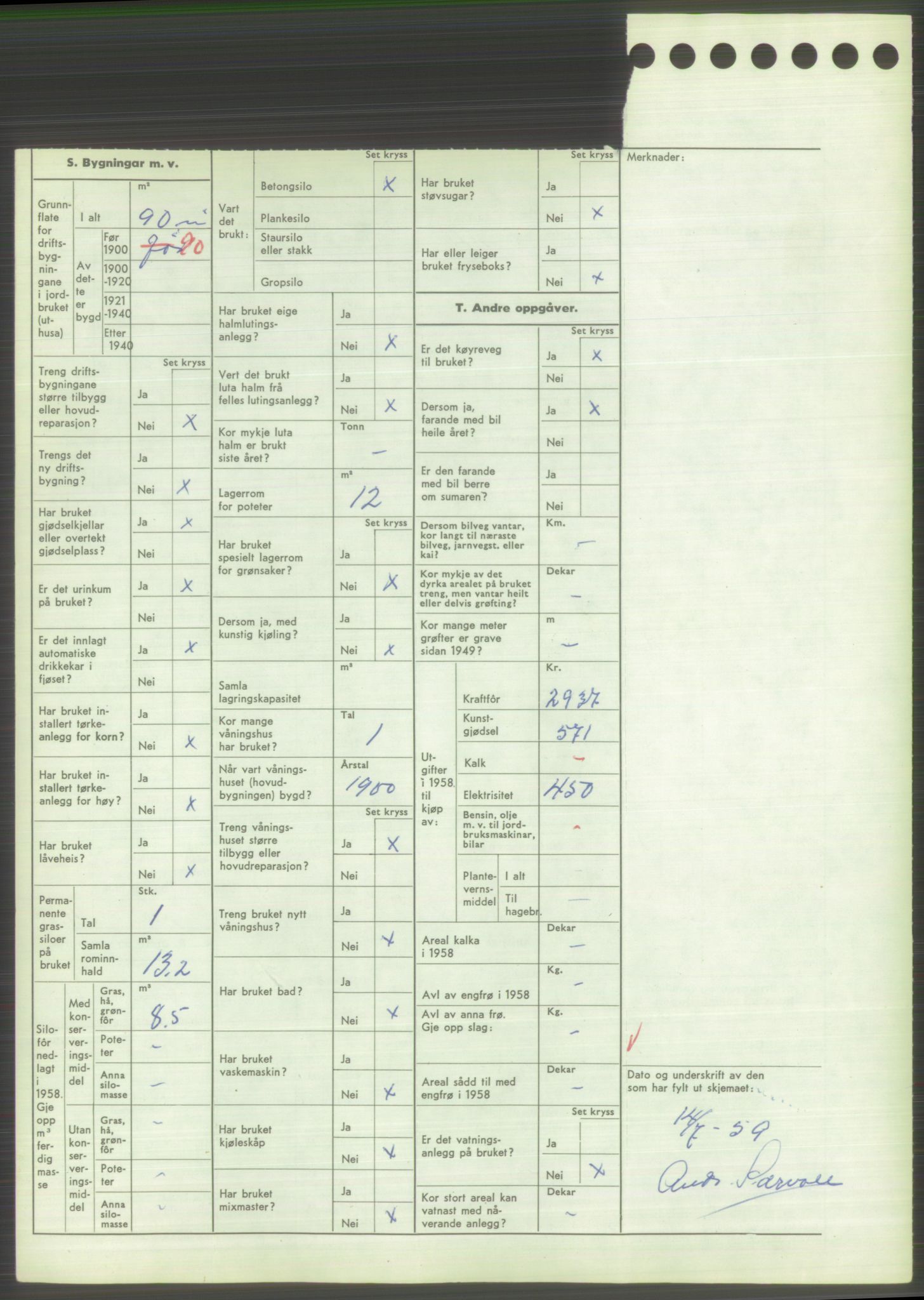 Statistisk sentralbyrå, Næringsøkonomiske emner, Jordbruk, skogbruk, jakt, fiske og fangst, AV/RA-S-2234/G/Gd/L0373: Rogaland: 1130 Strand (kl. 1-2), 1131 Årdal og 1132 Fister, 1959, p. 1176