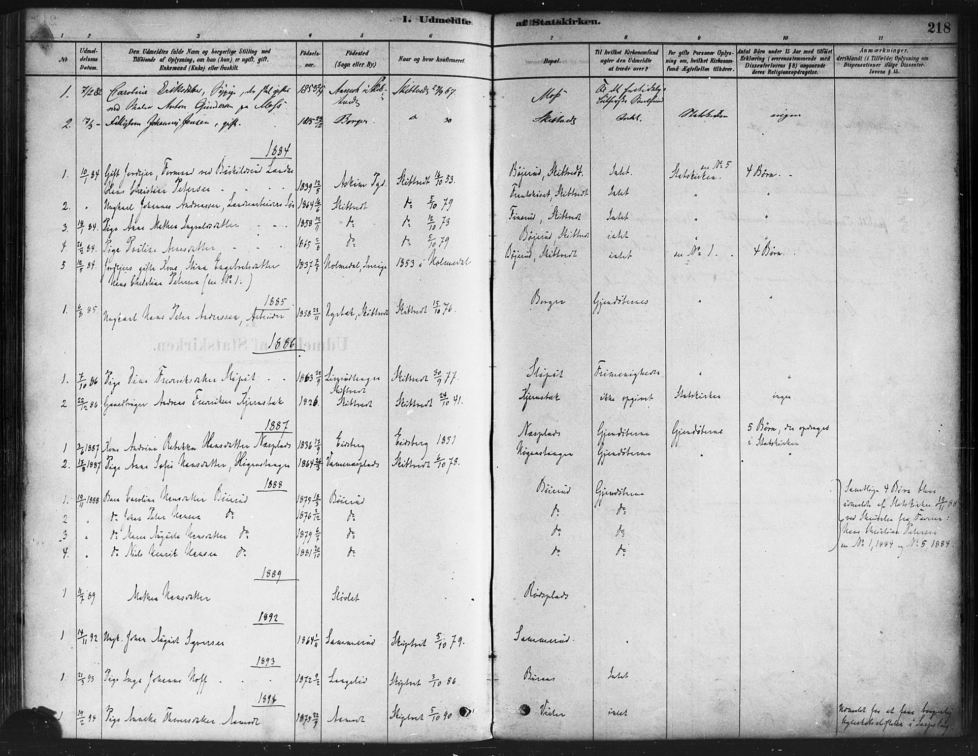 Skiptvet prestekontor Kirkebøker, AV/SAO-A-20009/F/Fa/L0009: Parish register (official) no. 9, 1878-1900, p. 218