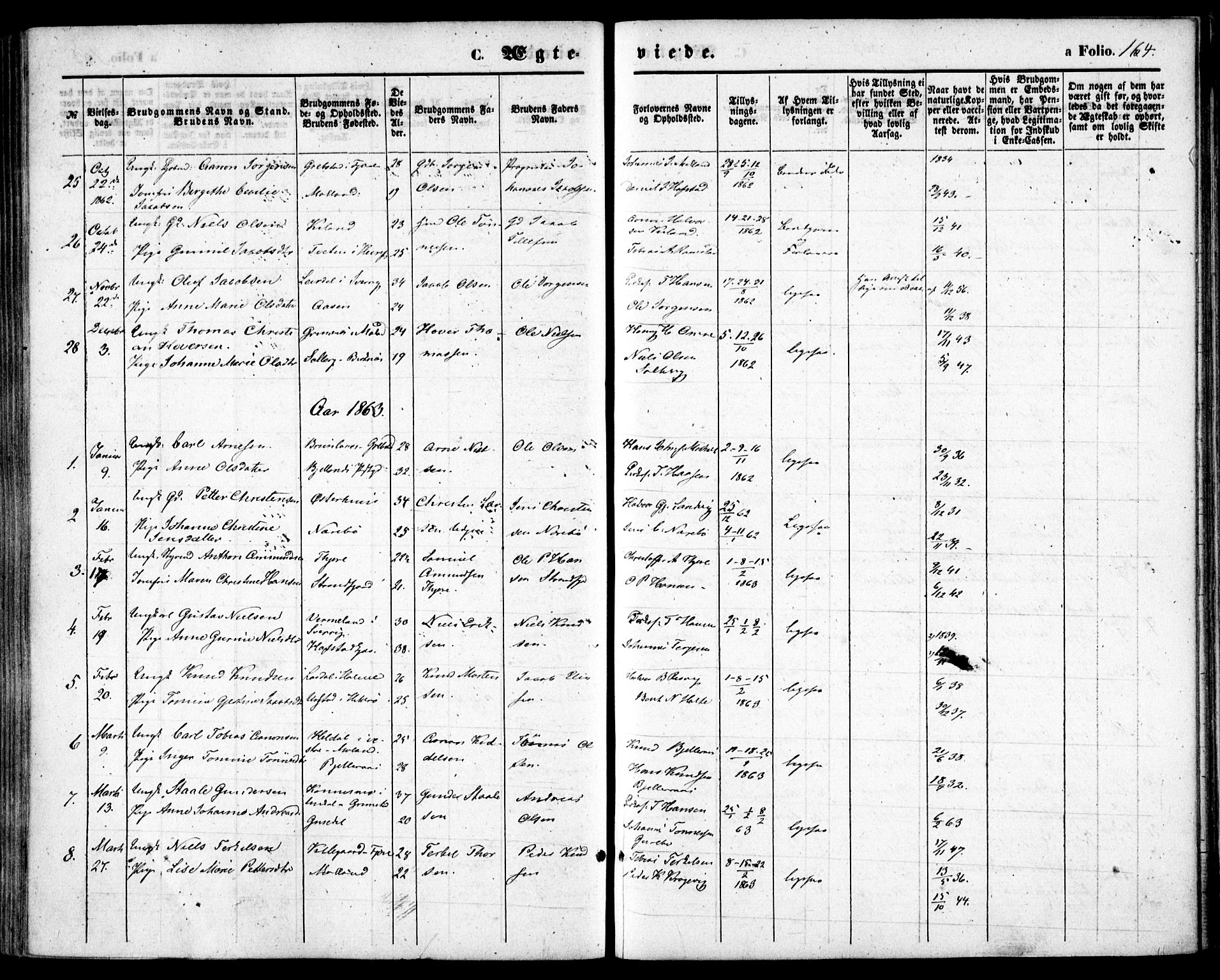 Hommedal sokneprestkontor, SAK/1111-0023/F/Fa/Fab/L0005: Parish register (official) no. A 5, 1861-1877, p. 164