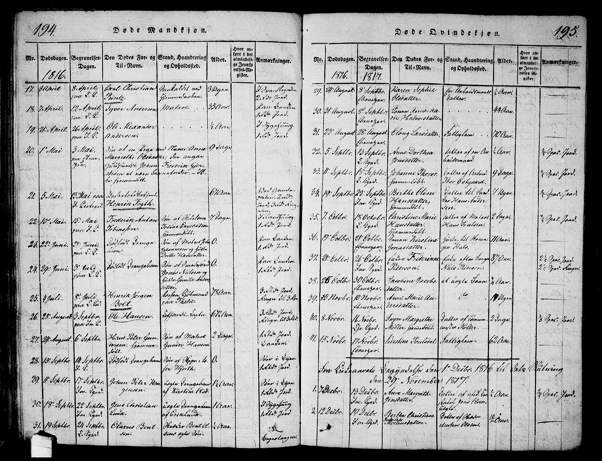 Halden prestekontor Kirkebøker, SAO/A-10909/G/Ga/L0001: Parish register (copy) no. 1, 1815-1833, p. 194-195