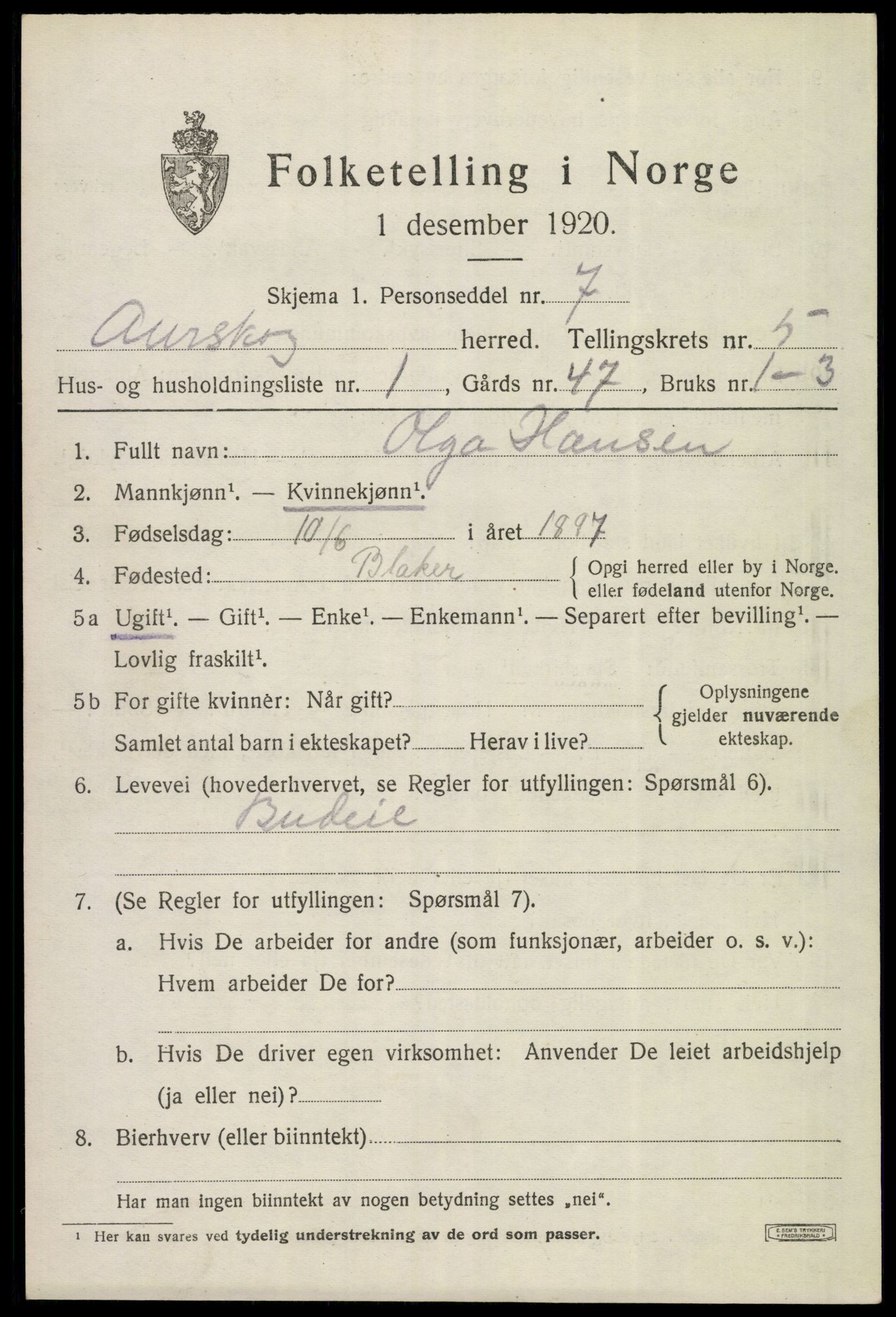 SAO, 1920 census for Aurskog, 1920, p. 6534