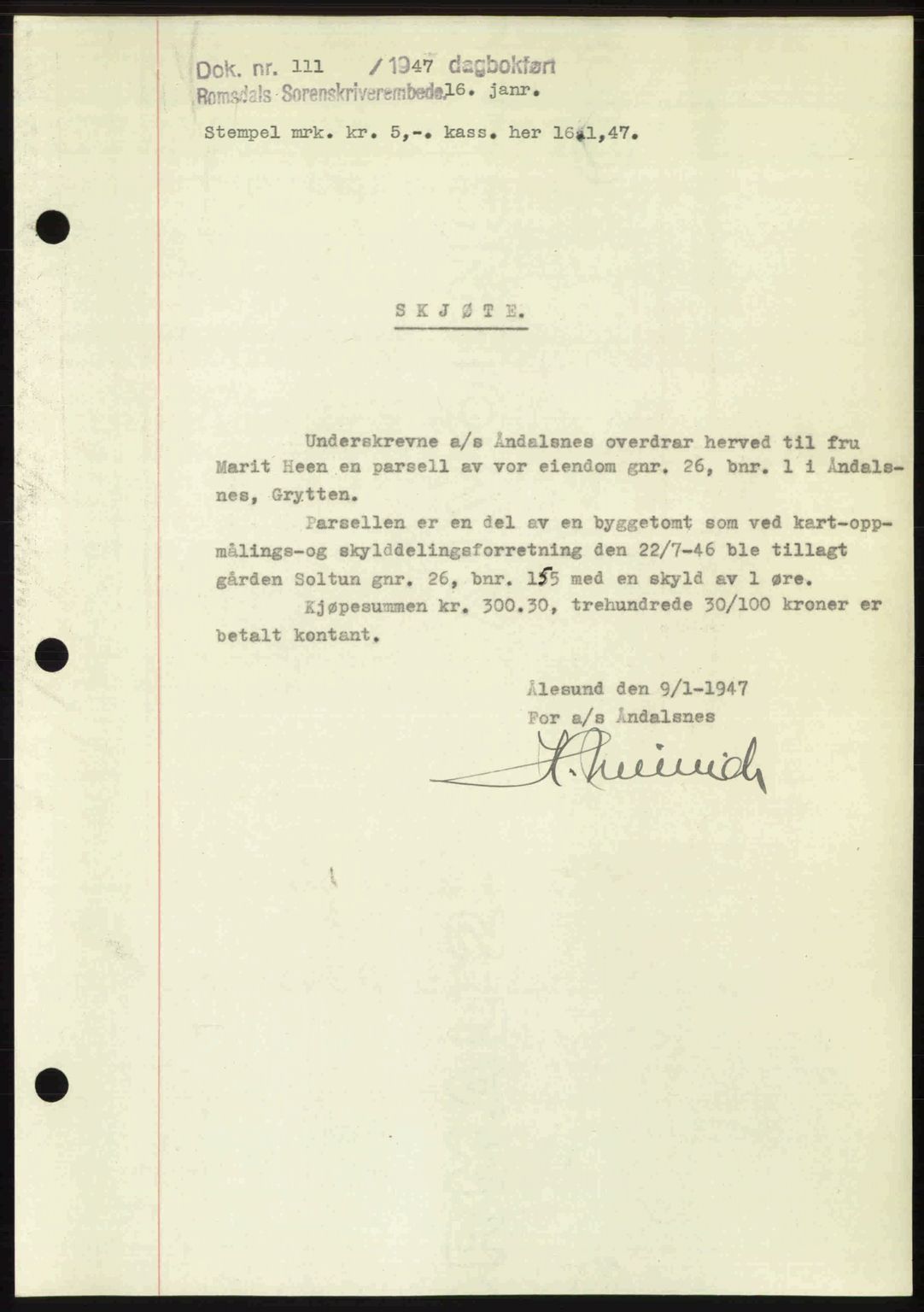 Romsdal sorenskriveri, SAT/A-4149/1/2/2C: Mortgage book no. A22, 1947-1947, Diary no: : 111/1947