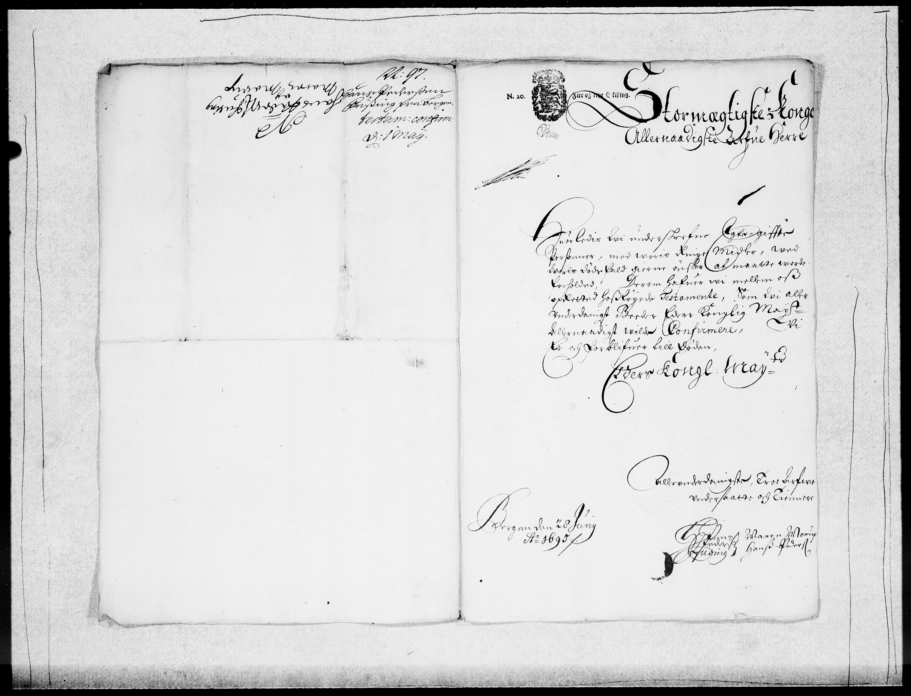 Danske Kanselli 1572-1799, RA/EA-3023/F/Fc/Fcc/Fcca/L0047: Norske innlegg 1572-1799, 1695-1697, p. 318
