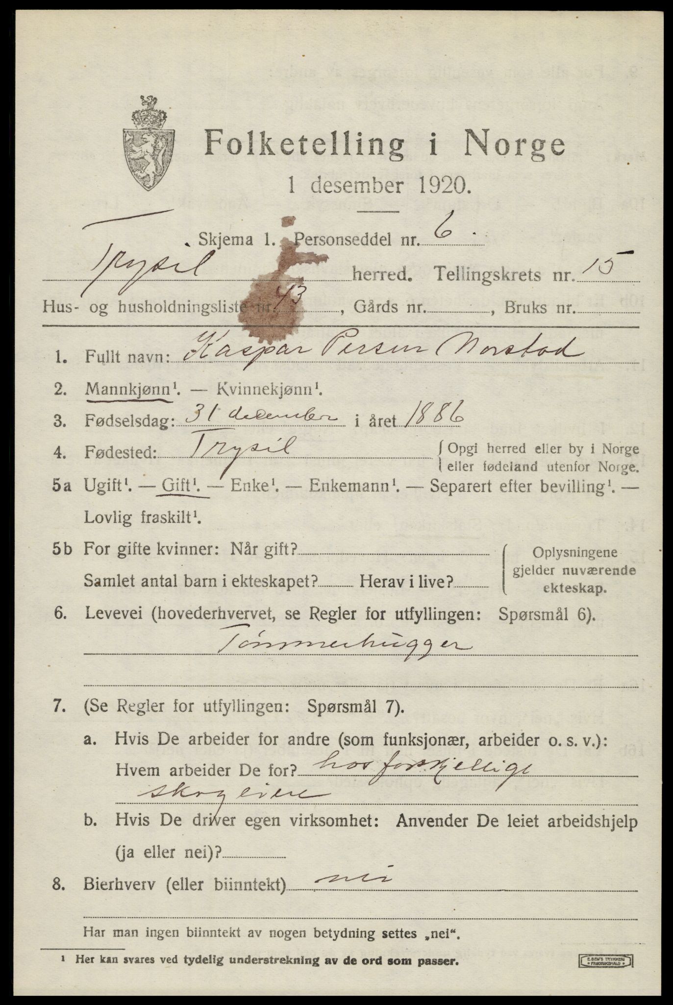 SAH, 1920 census for Trysil, 1920, p. 9417