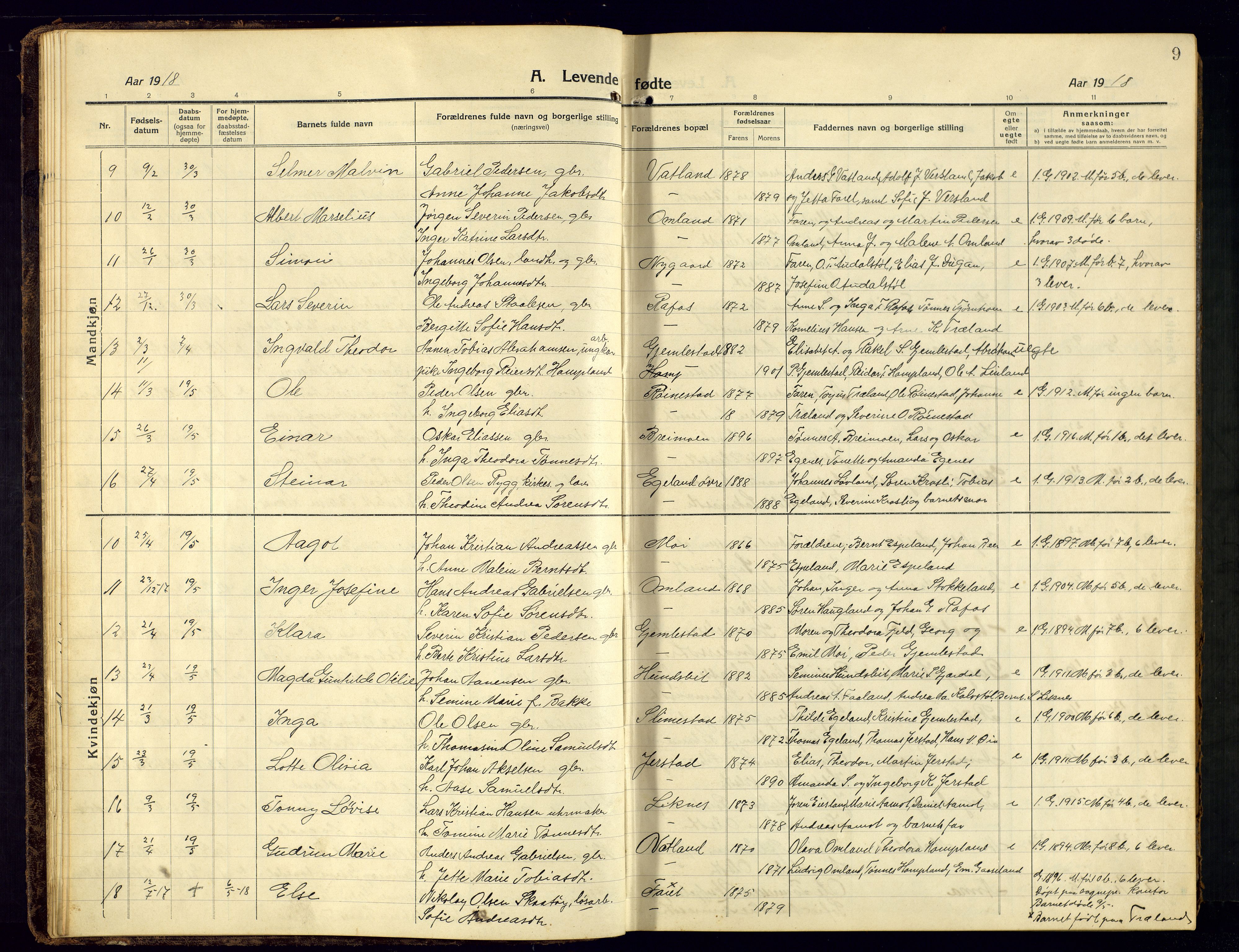 Kvinesdal sokneprestkontor, SAK/1111-0026/F/Fb/Fbb/L0004: Parish register (copy) no. B 4, 1917-1938, p. 9