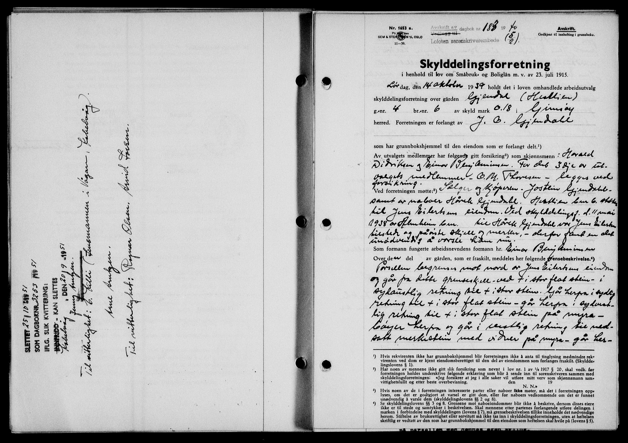 Lofoten sorenskriveri, SAT/A-0017/1/2/2C/L0007a: Mortgage book no. 7a, 1939-1940, Diary no: : 183/1940
