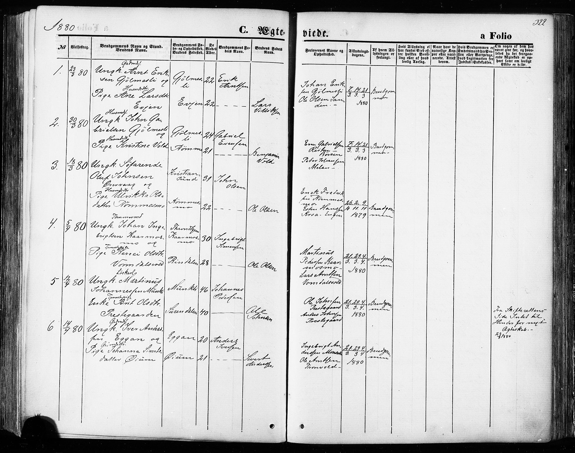 Ministerialprotokoller, klokkerbøker og fødselsregistre - Sør-Trøndelag, SAT/A-1456/668/L0807: Parish register (official) no. 668A07, 1870-1880, p. 322