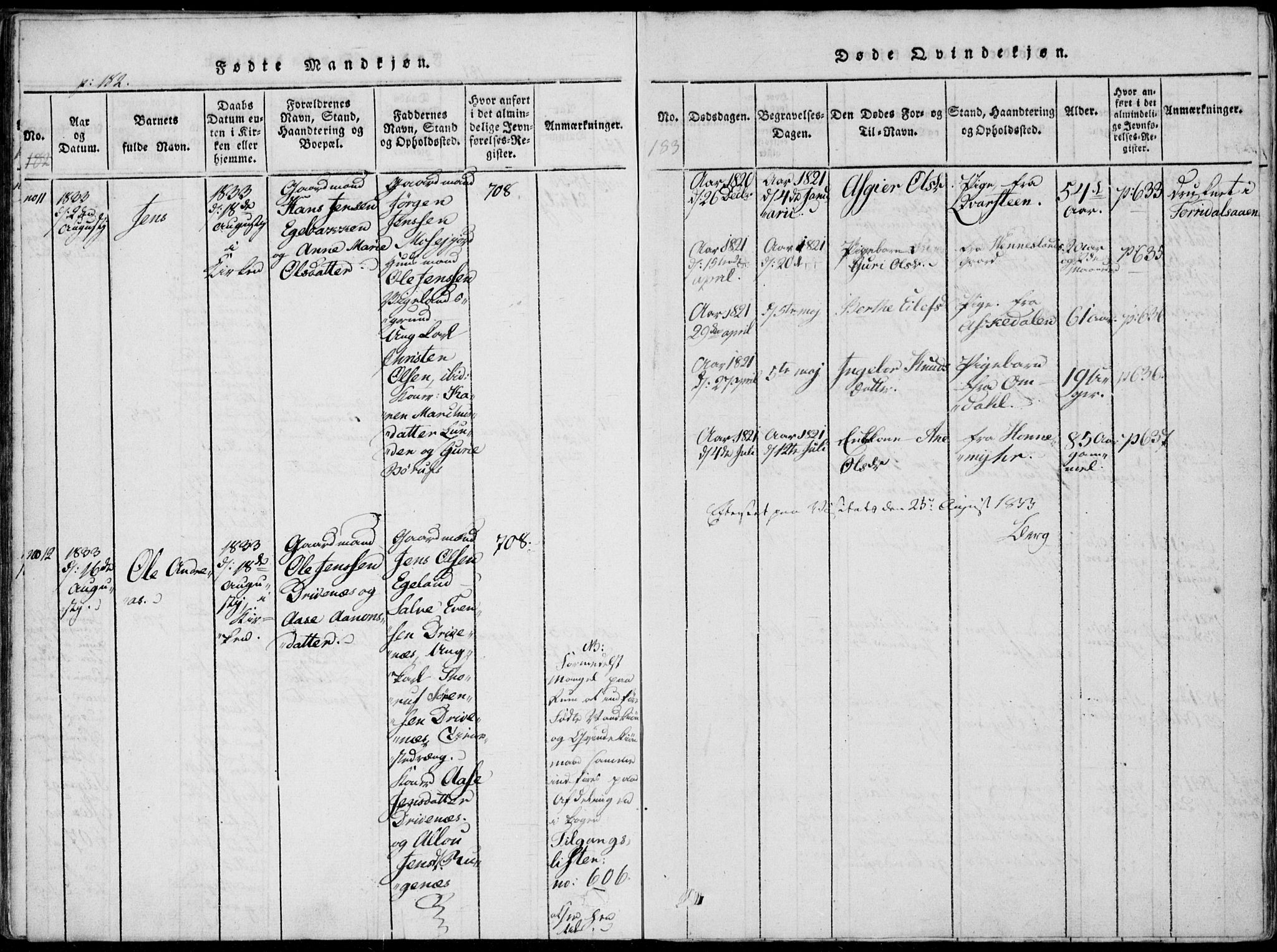 Vennesla sokneprestkontor, SAK/1111-0045/Fa/Fab/L0003: Parish register (official) no. A 3, 1820-1834, p. 182-183