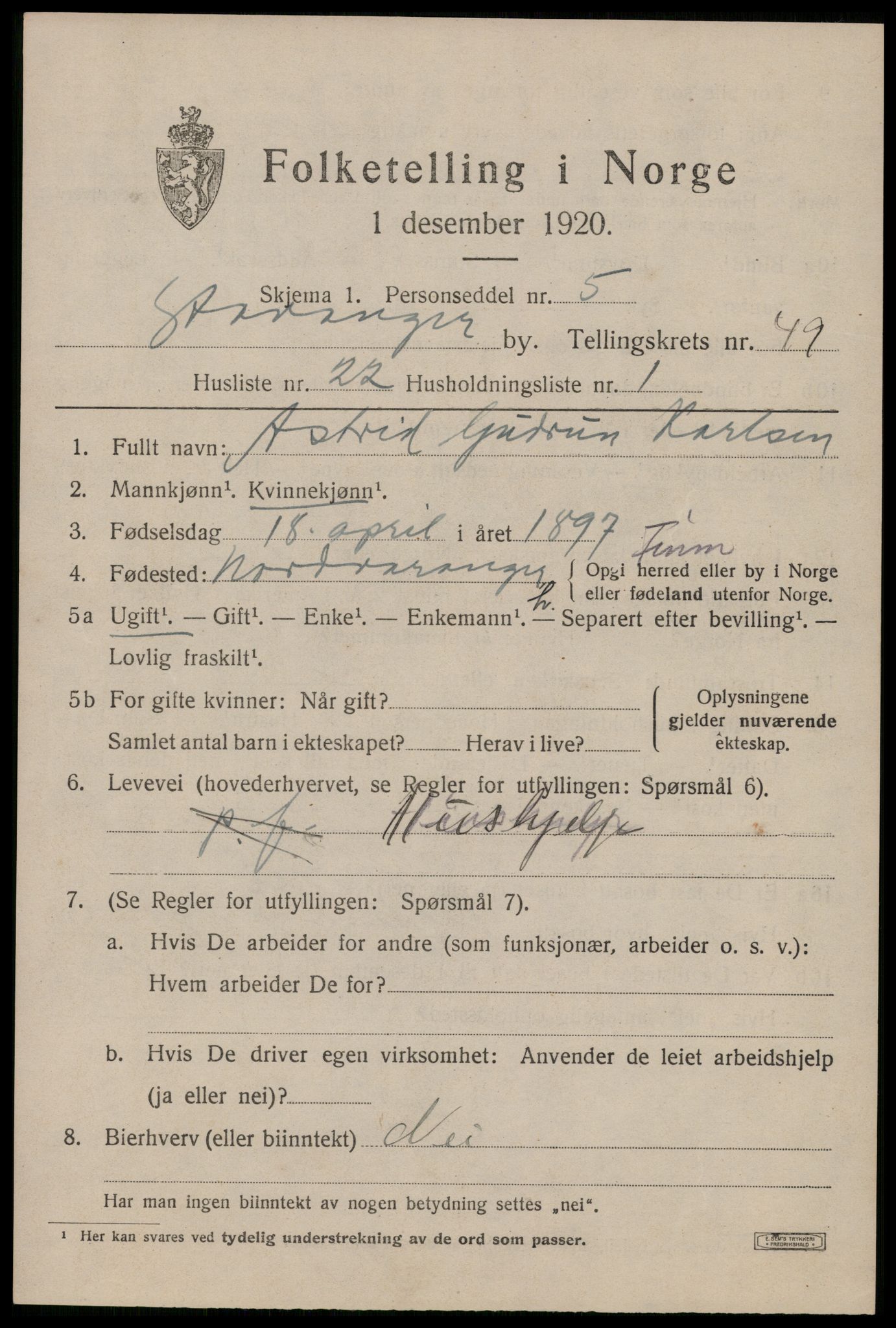 SAST, 1920 census for Stavanger, 1920, p. 118720