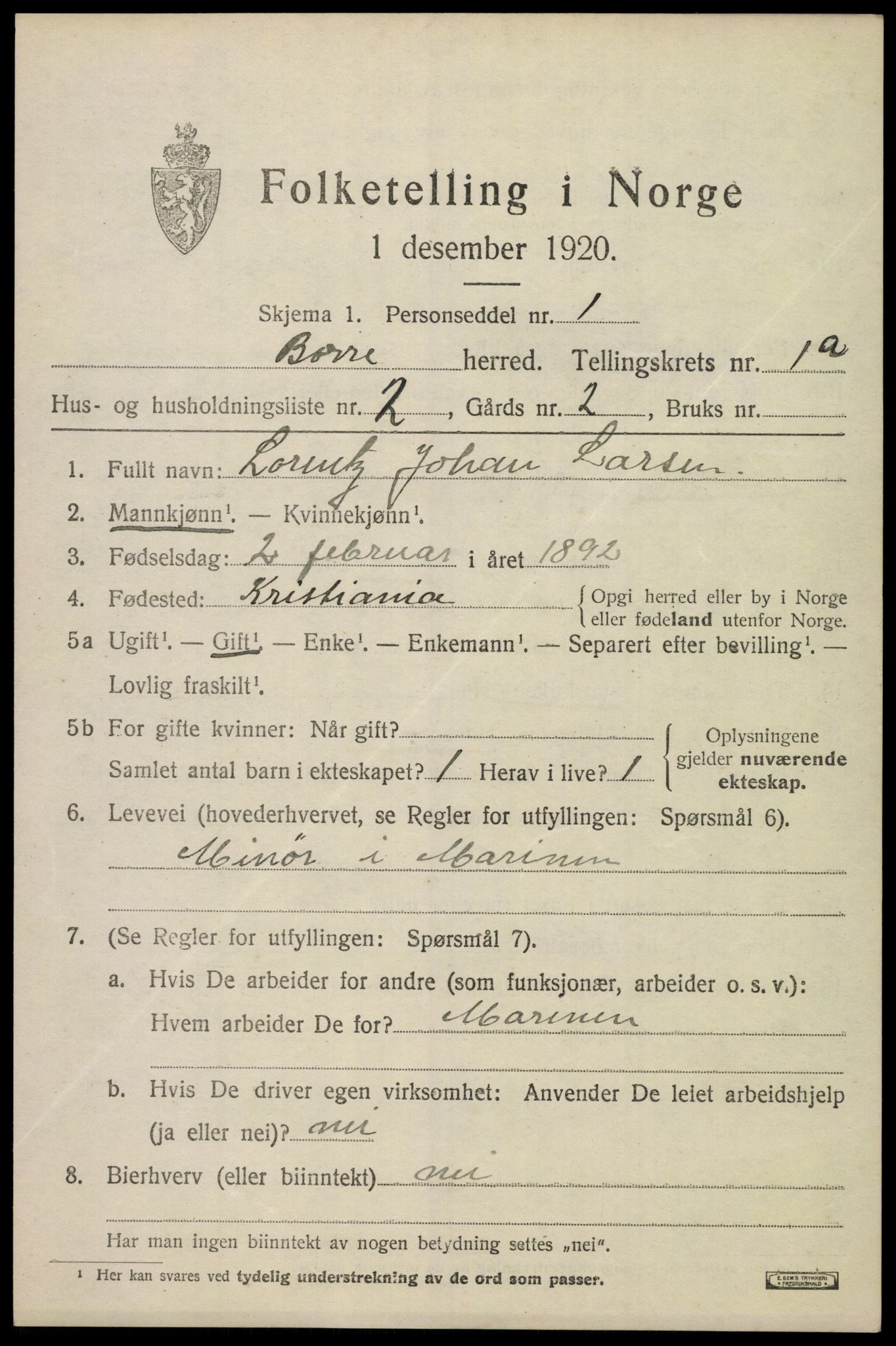 SAKO, 1920 census for Borre, 1920, p. 1396
