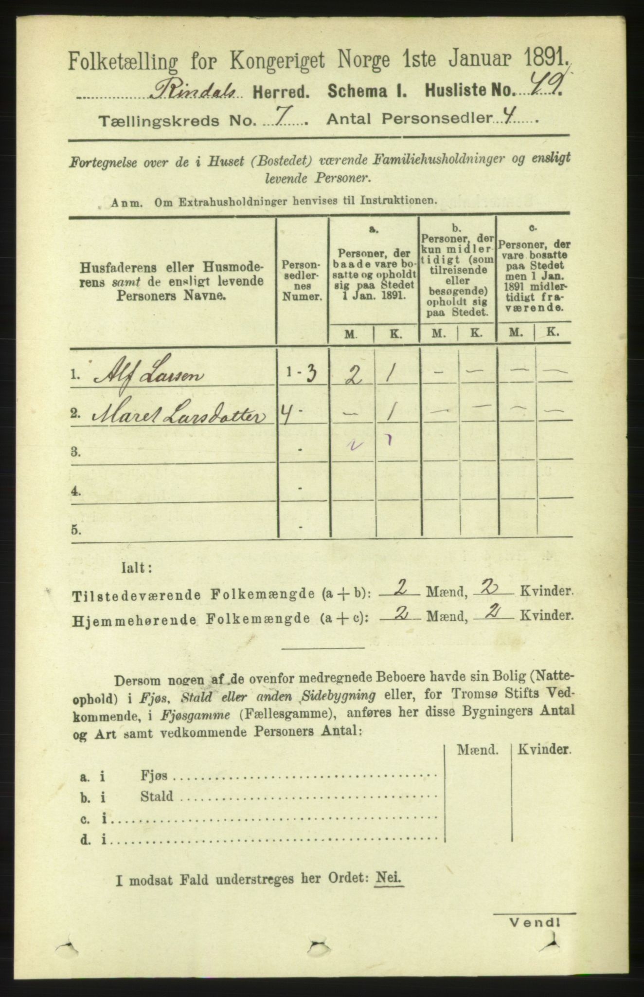 RA, 1891 census for 1567 Rindal, 1891, p. 2012