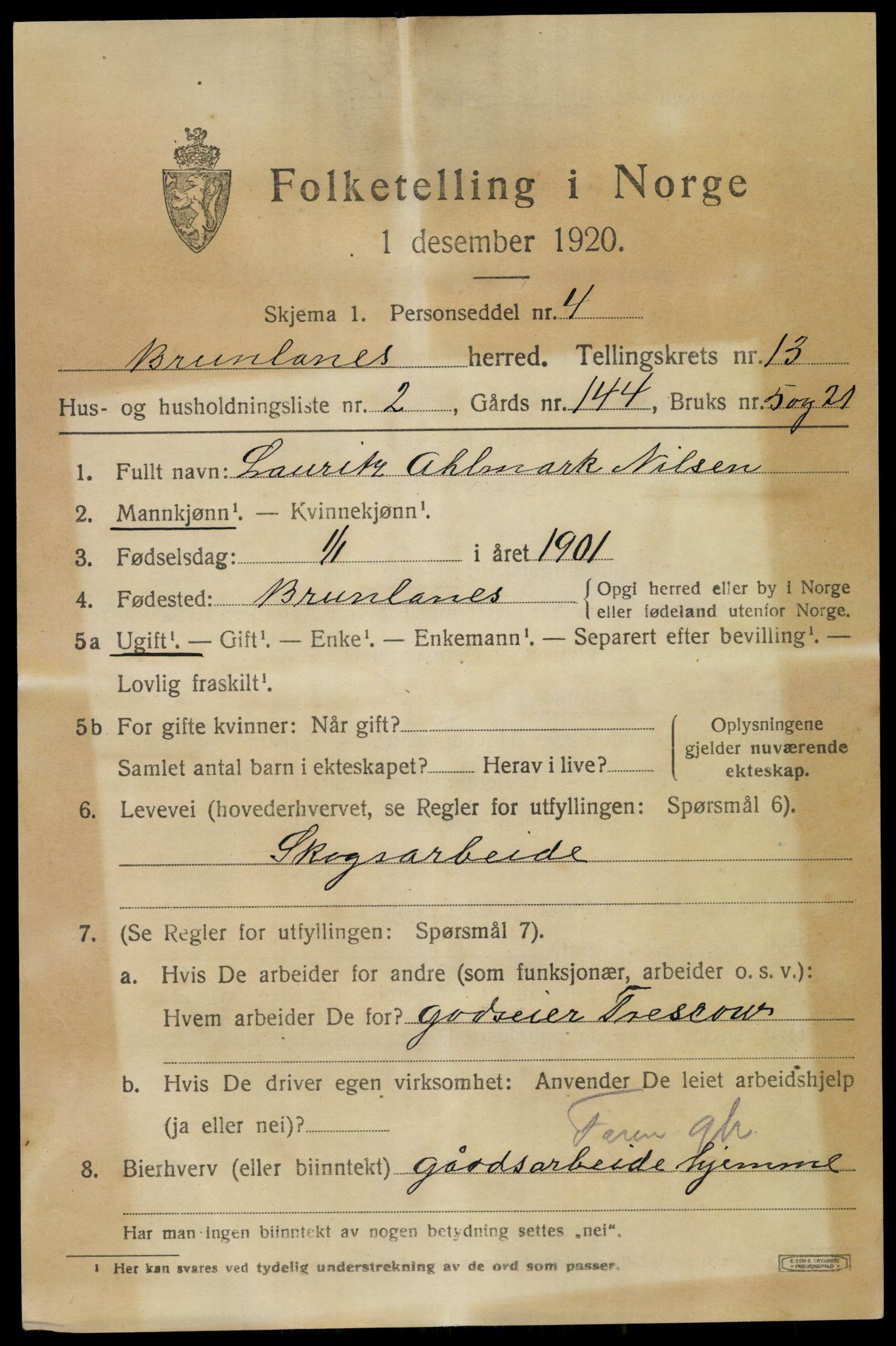 SAKO, 1920 census for Brunlanes, 1920, p. 10805
