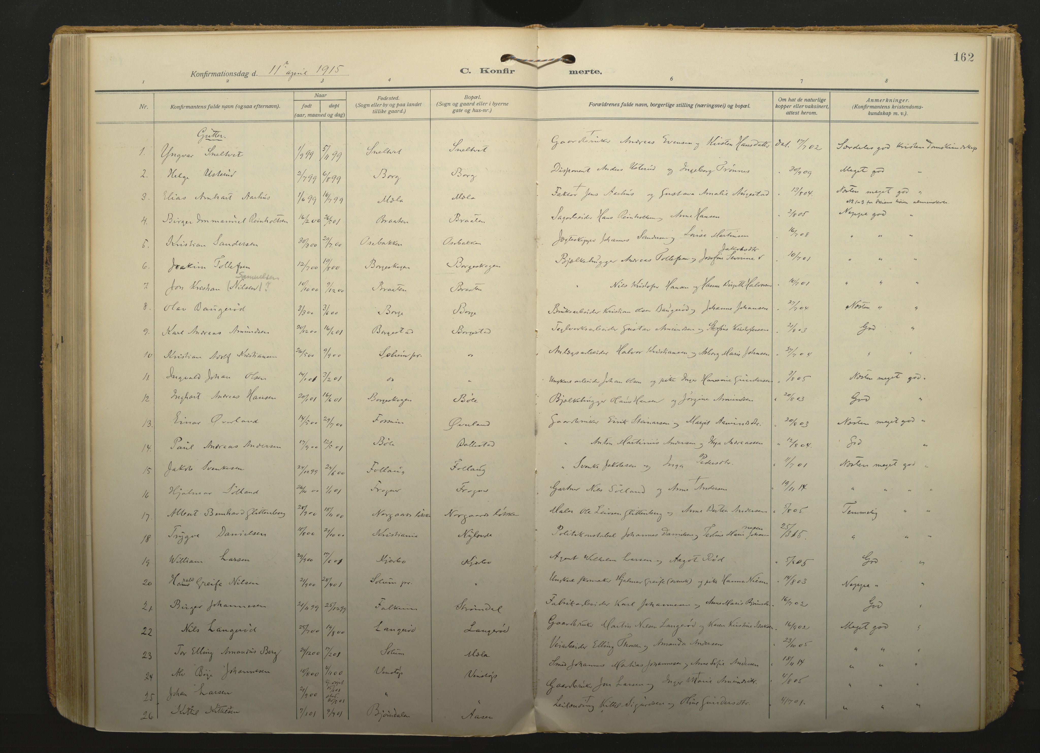 Gjerpen kirkebøker, SAKO/A-265/F/Fa/L0013: Parish register (official) no. I 13, 1914-1924, p. 162