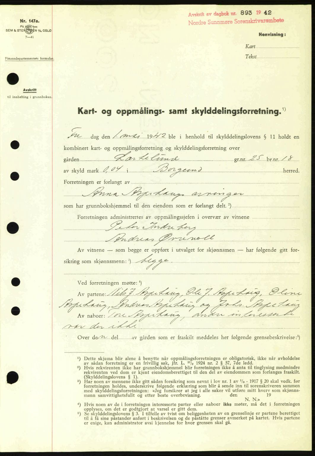 Nordre Sunnmøre sorenskriveri, AV/SAT-A-0006/1/2/2C/2Ca: Mortgage book no. A13, 1942-1942, Diary no: : 893/1942