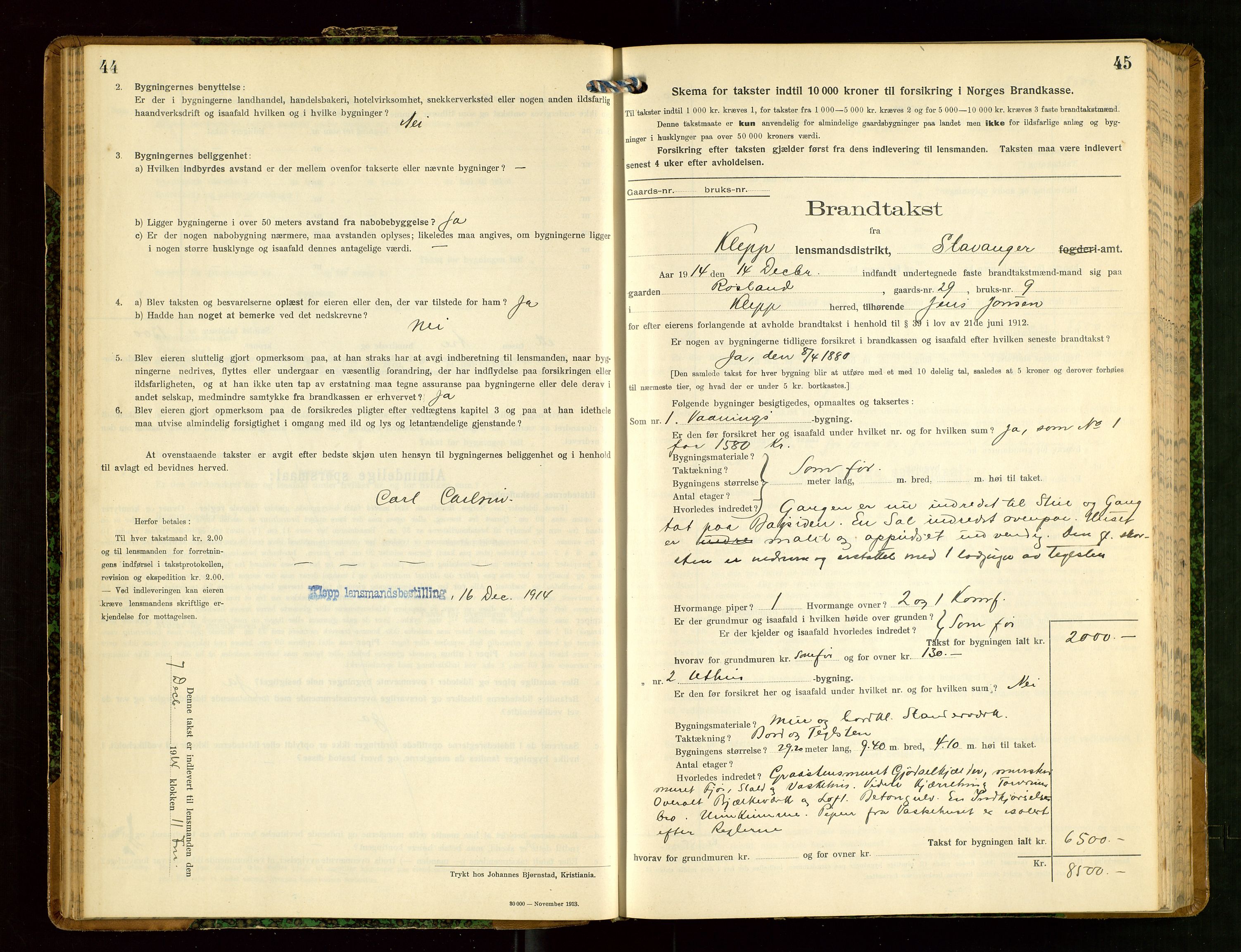 Klepp lensmannskontor, AV/SAST-A-100163/Goc/L0008: "Brandtakstprotokol" m/register, 1914-1917, p. 44-45