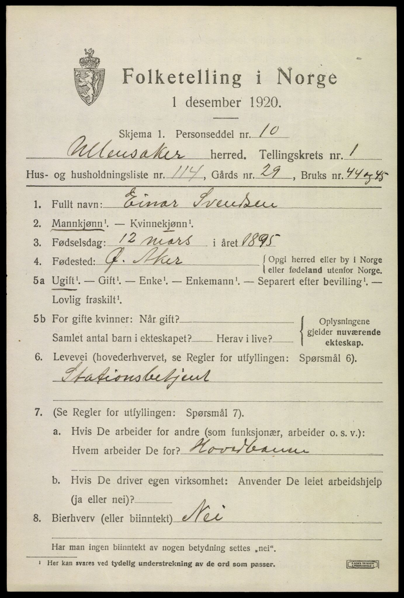 SAO, 1920 census for Ullensaker, 1920, p. 3899